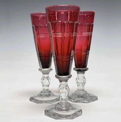 Set of 18 Hand Blown Crystal Cranberry Champagne Flutes With Clear Stems & Base