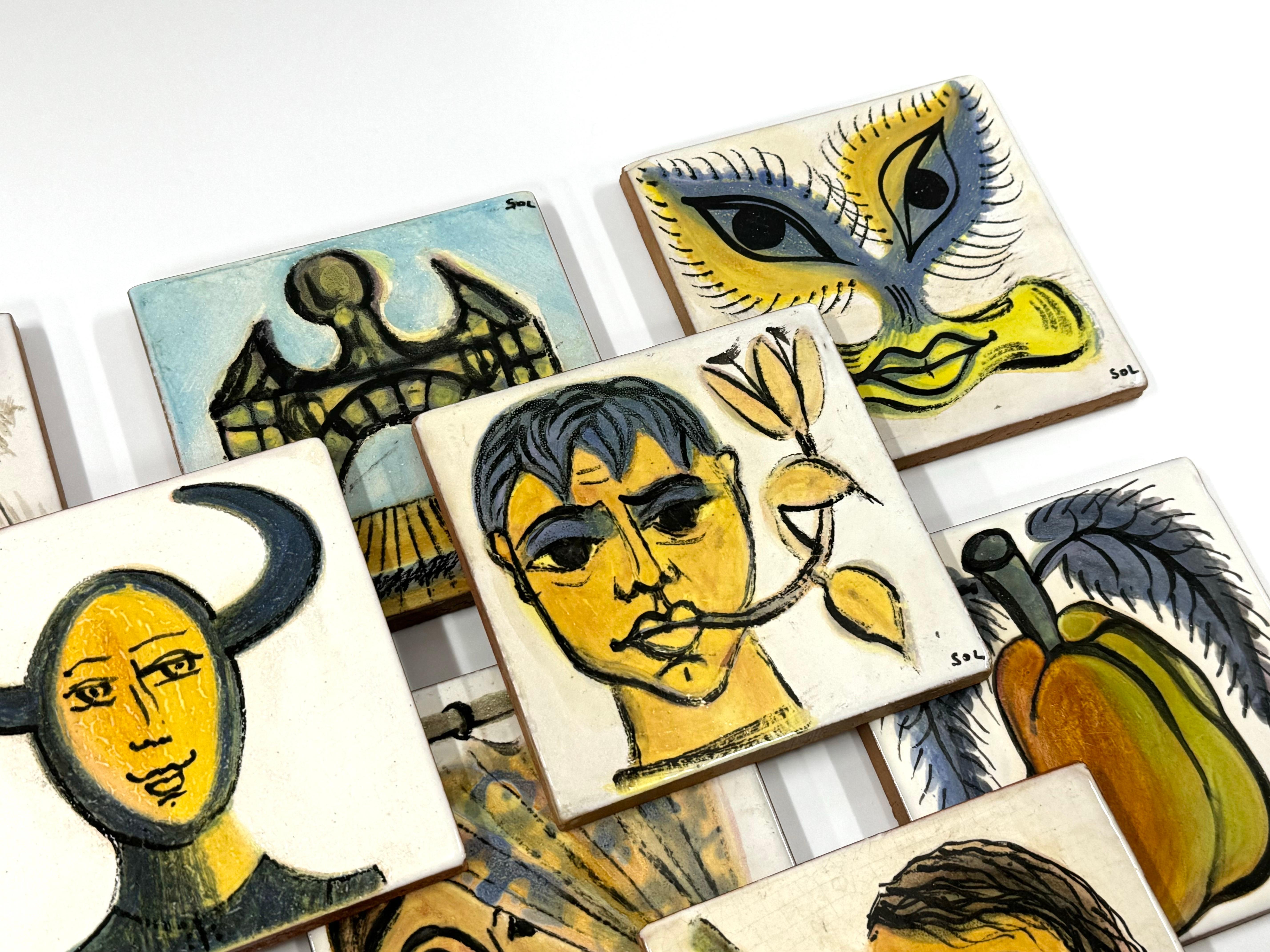 Modern Set of 18 Hand Painted Abstract Surrealist Greek Art Pottery Tiles, Greece, 1970 For Sale