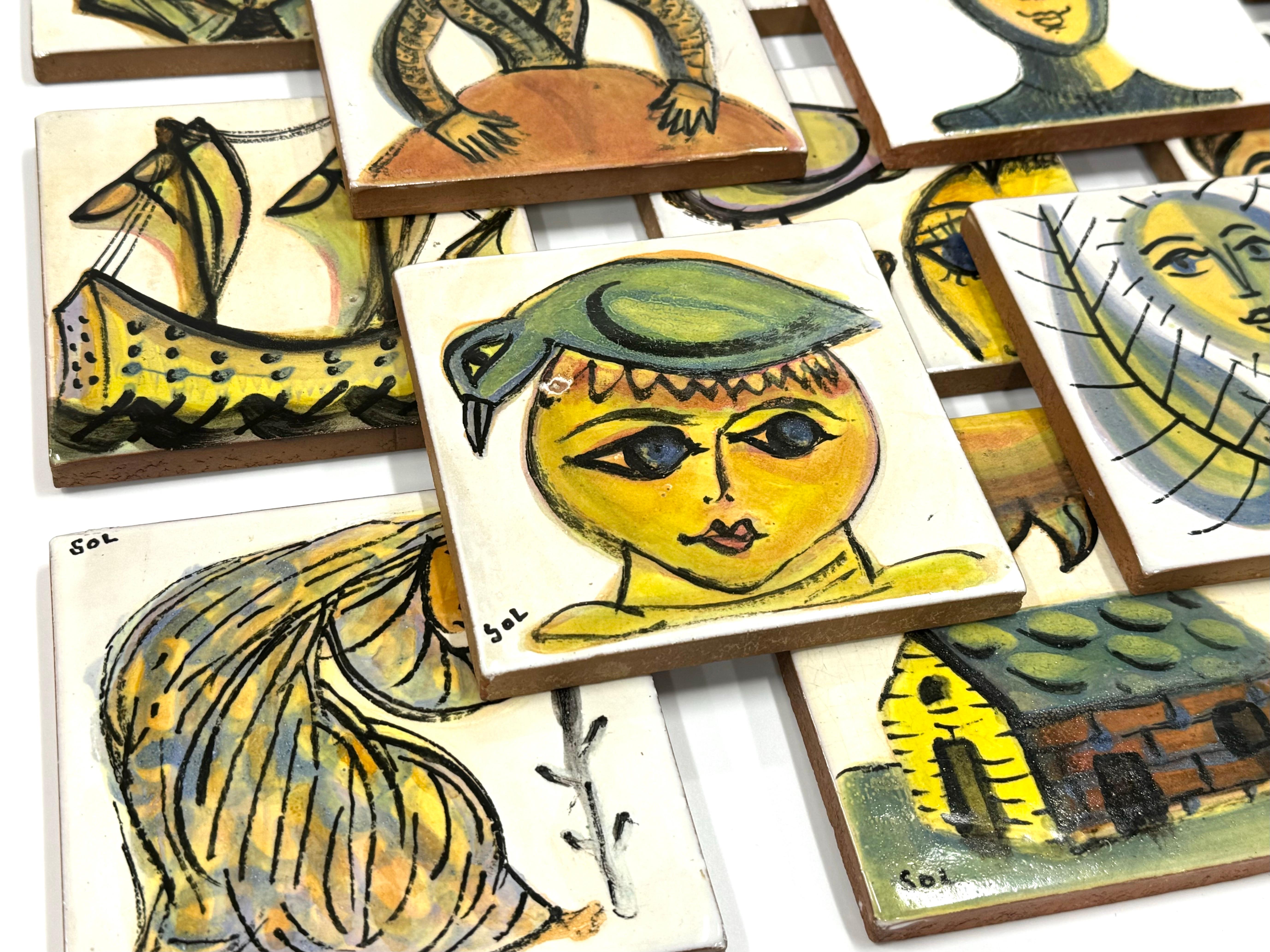 Glazed Set of 18 Hand Painted Abstract Surrealist Greek Art Pottery Tiles, Greece, 1970 For Sale