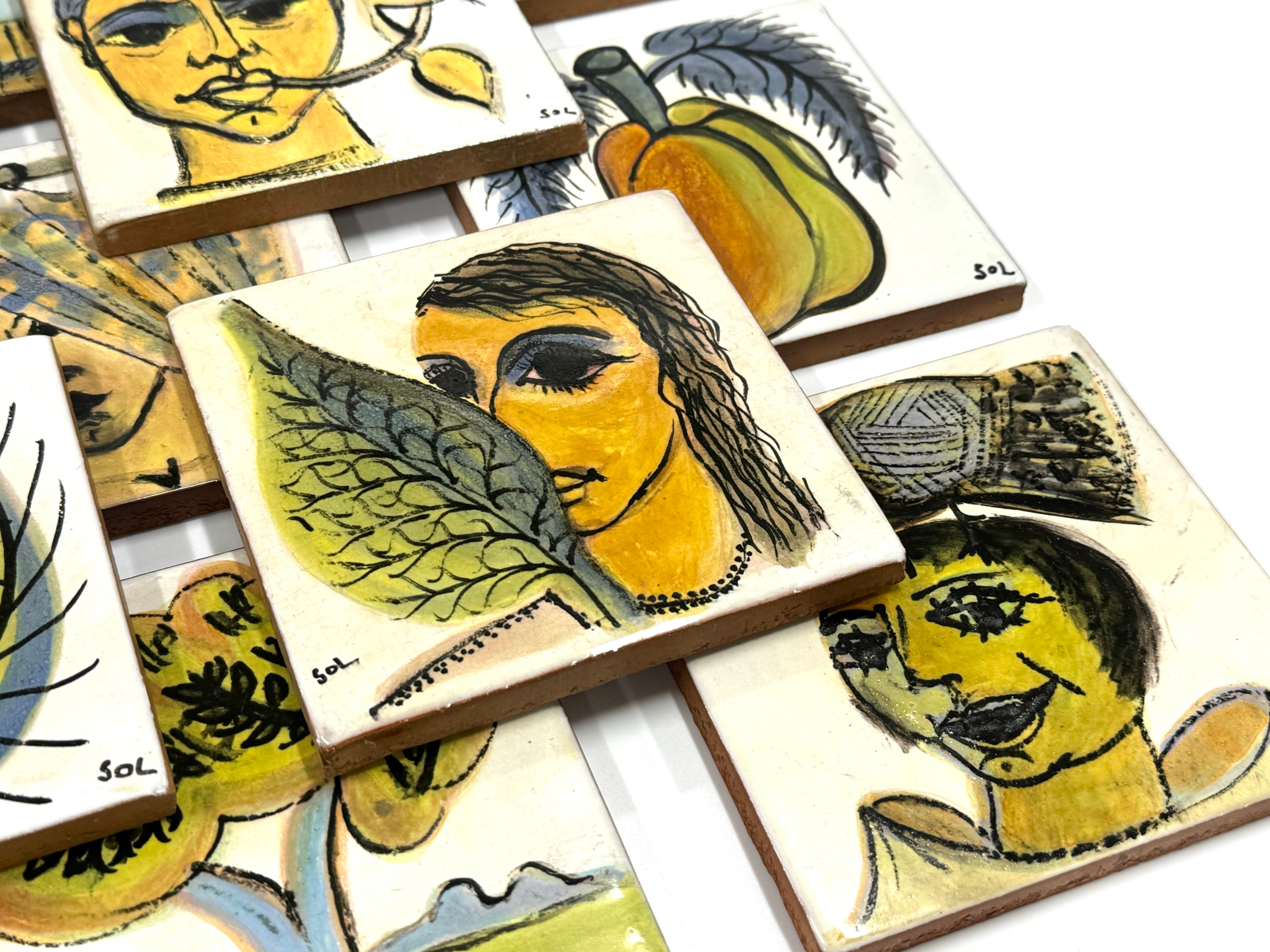 Set of 18 Hand Painted Abstract Surrealist Greek Art Pottery Tiles, Greece, 1970 In Good Condition For Sale In Sacramento, CA