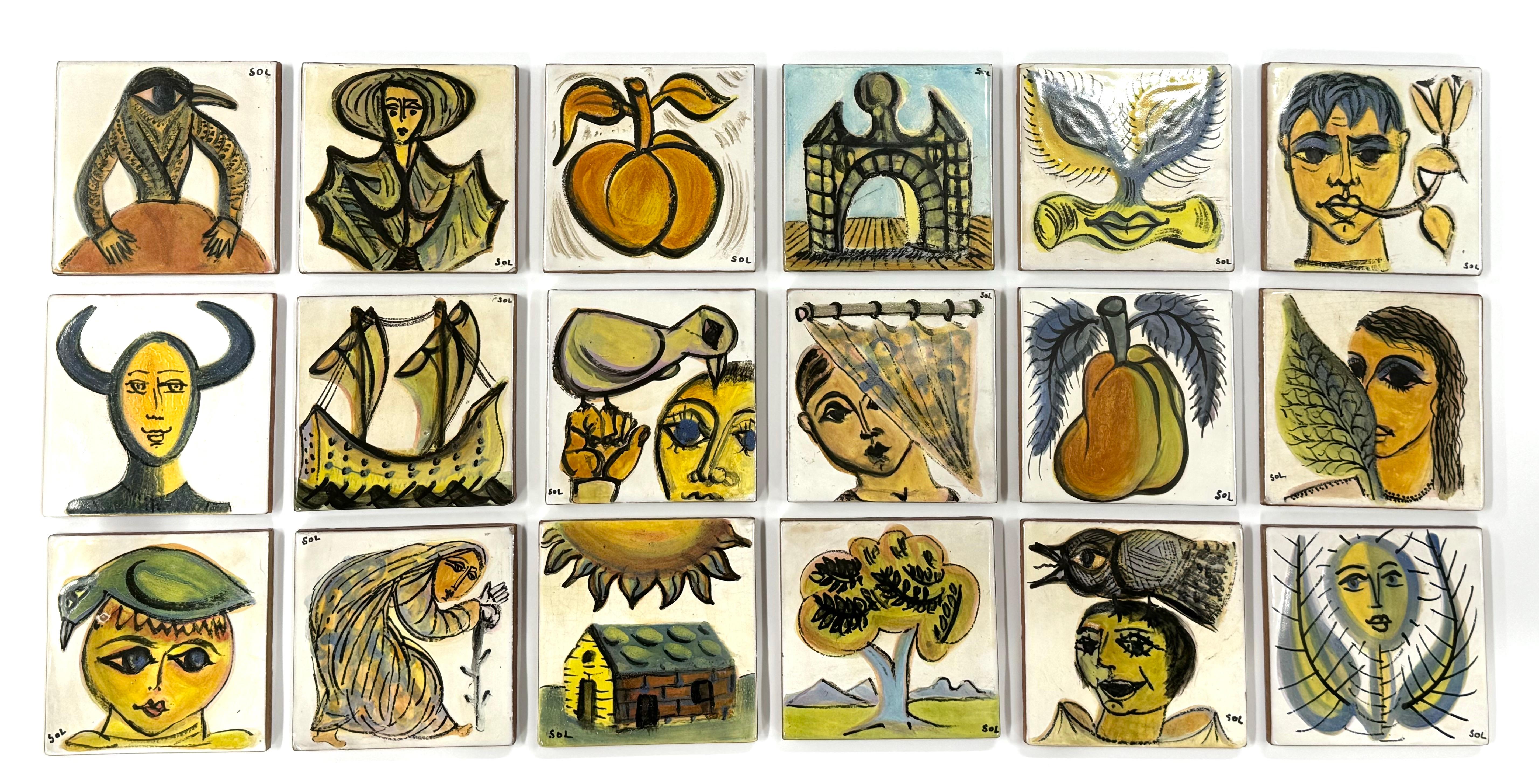 Clay Set of 18 Hand Painted Abstract Surrealist Greek Art Pottery Tiles, Greece, 1970 For Sale
