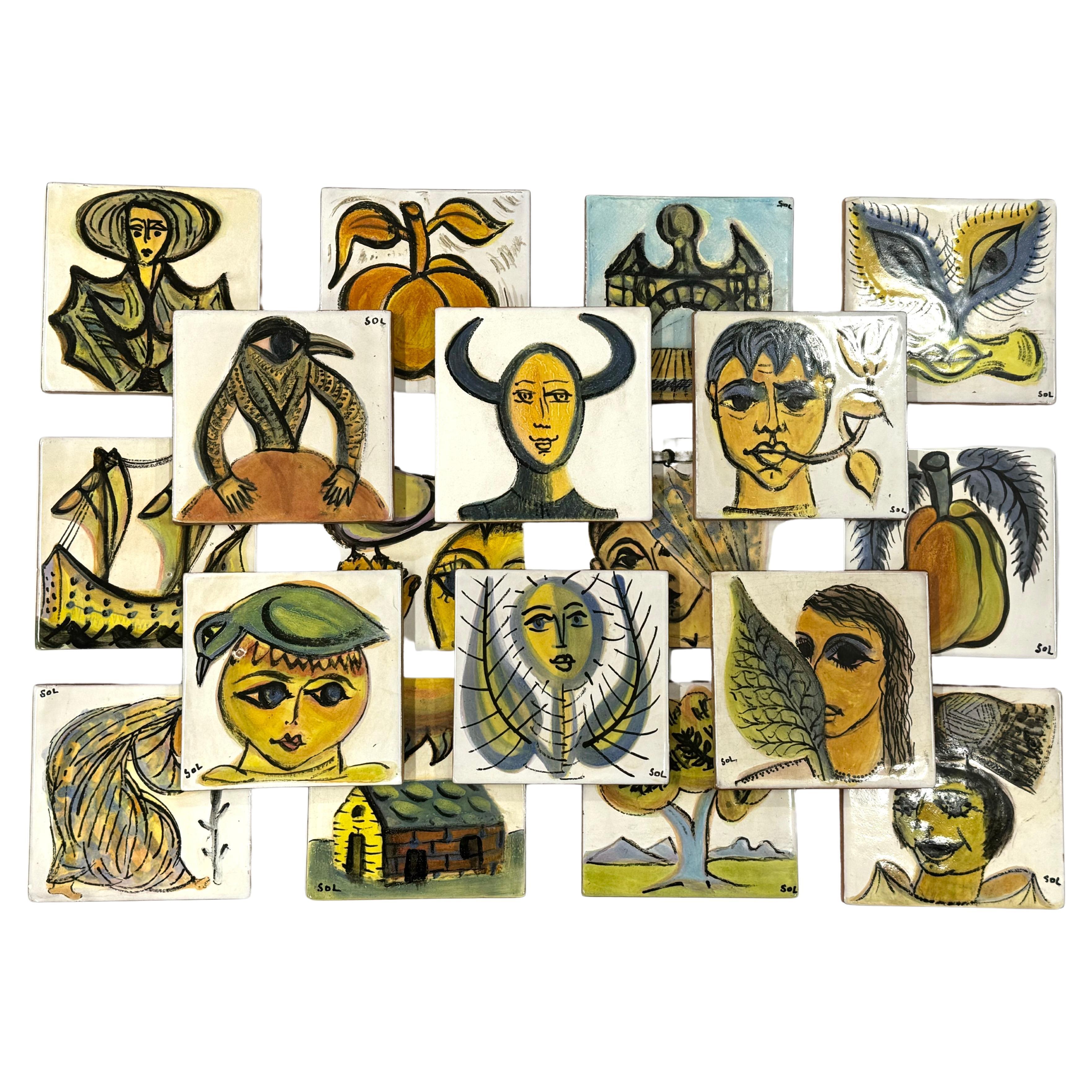 Set of 18 Hand Painted Abstract Surrealist Greek Art Pottery Tiles, Greece, 1970 For Sale