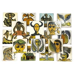 Set of 18 Hand Painted Abstract Surrealist Greek Art Pottery Tiles, Greece, 1970