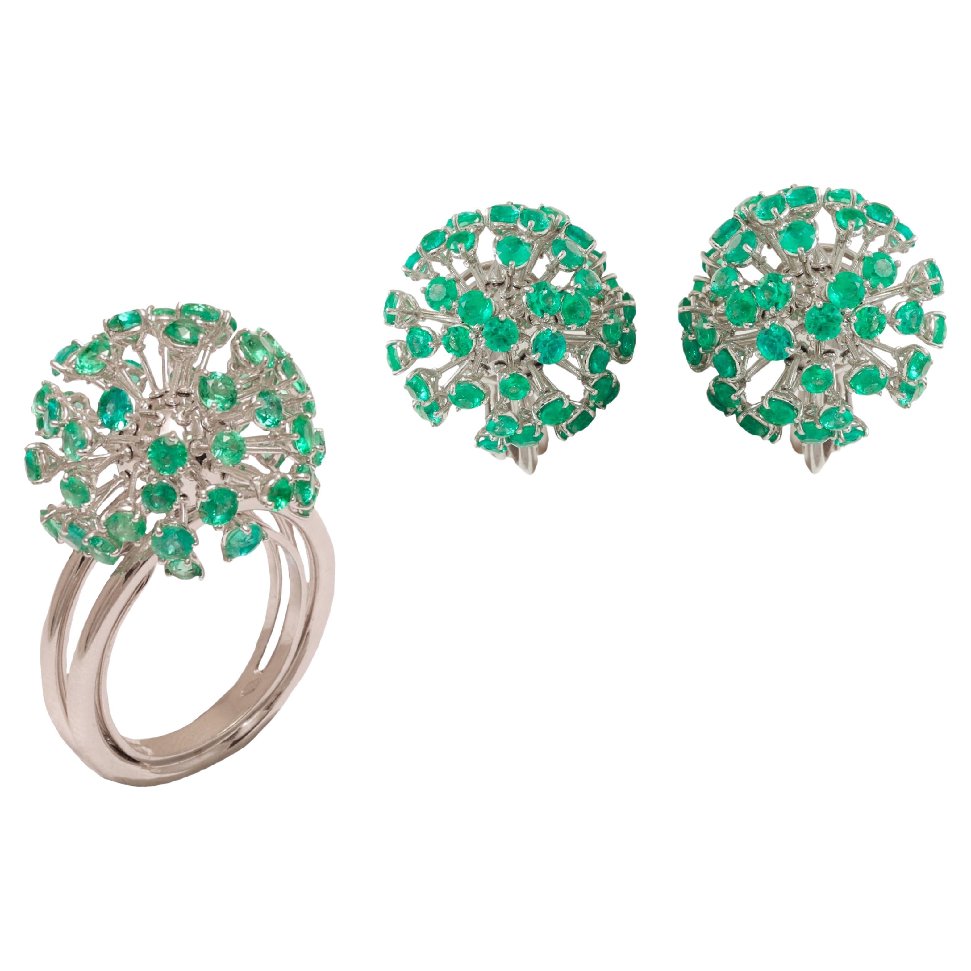 Set of 18 kt. White Gold Tsavorite Clip-On Earrings and Matching Ring For Sale