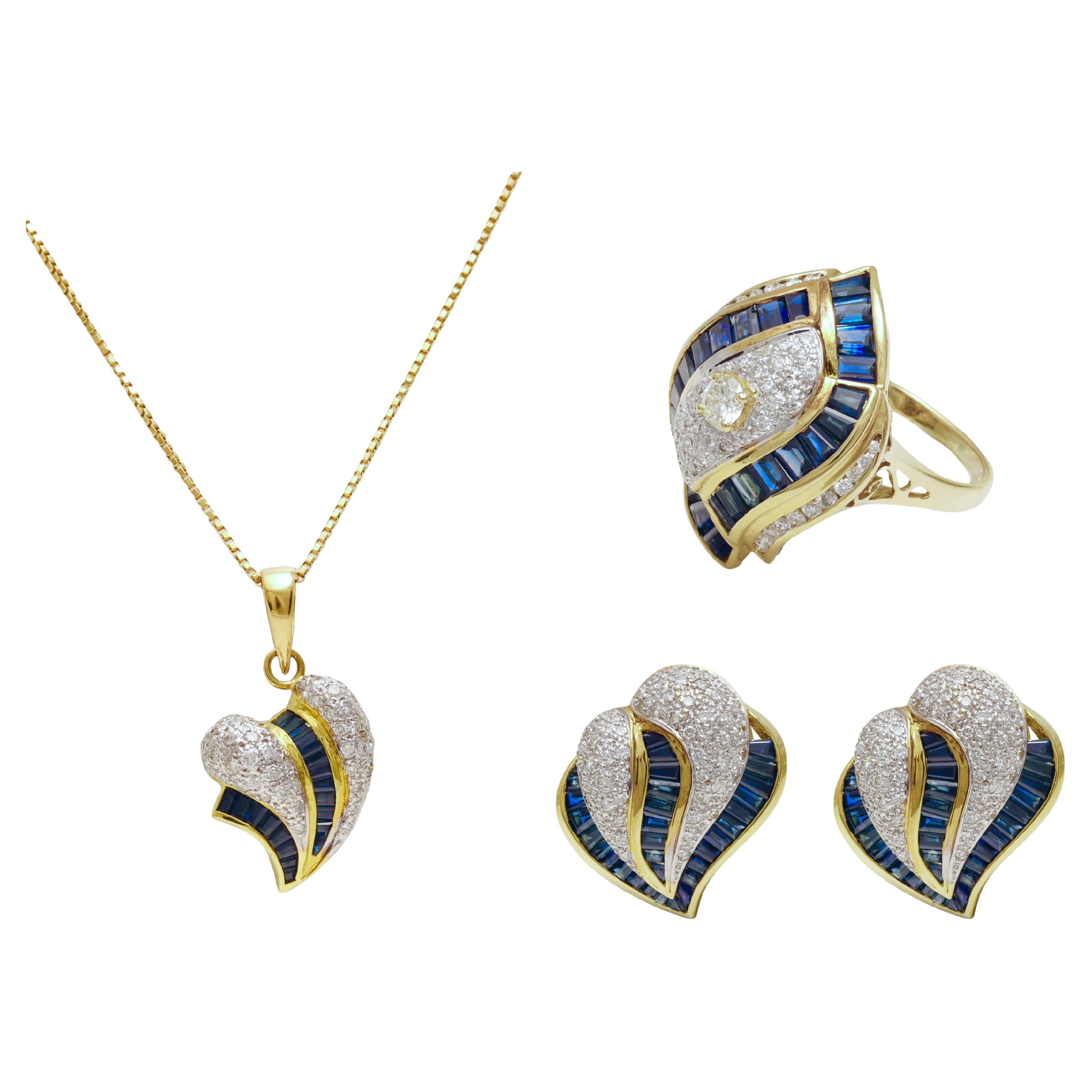 Set of 18 kt. Yellow Gold Earrings, Necklace, Ring with Sapphires & Diamonds