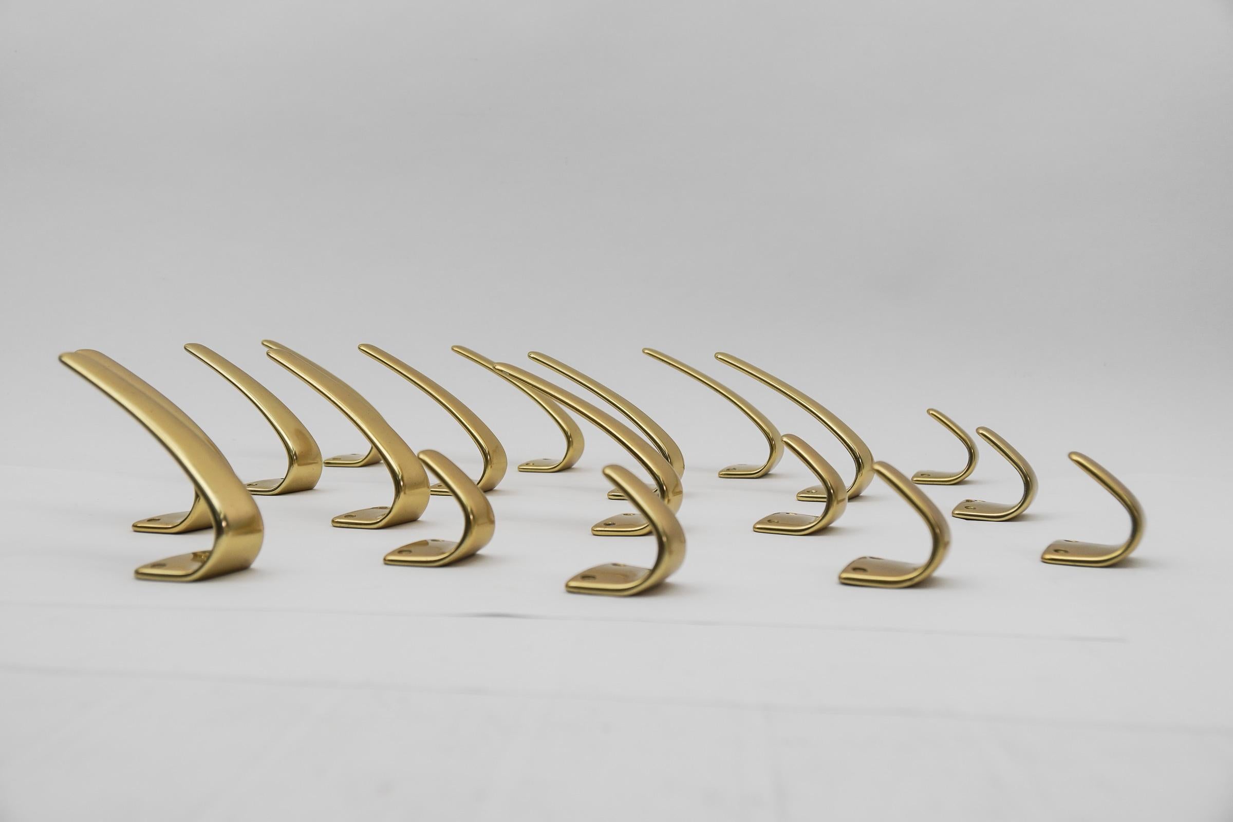 Set of 18 Midcentury Brass Wall Hooks, Austria, 1950s For Sale 5