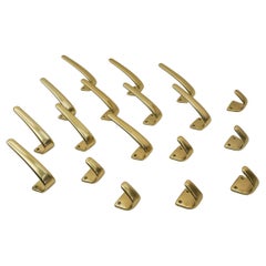 Set of 18 Midcentury Brass Wall Hooks, Austria, 1950s