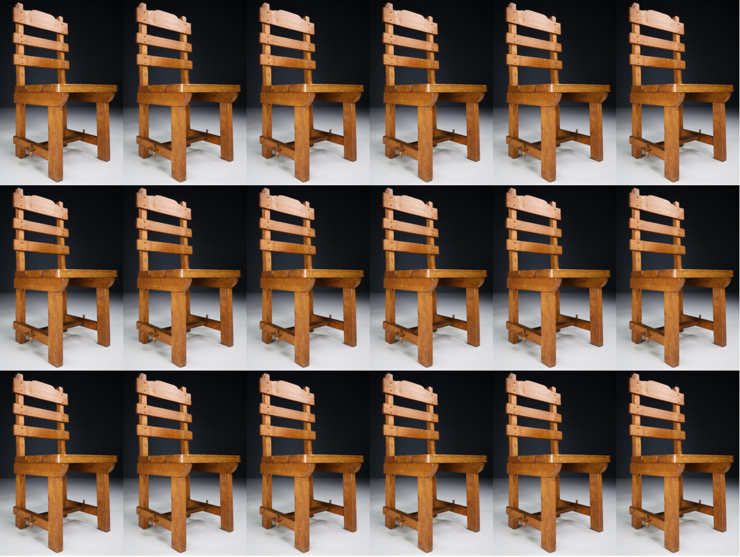 Set of 18 Oak Brutalist Dinning Room Chairs, France, 1960s 7