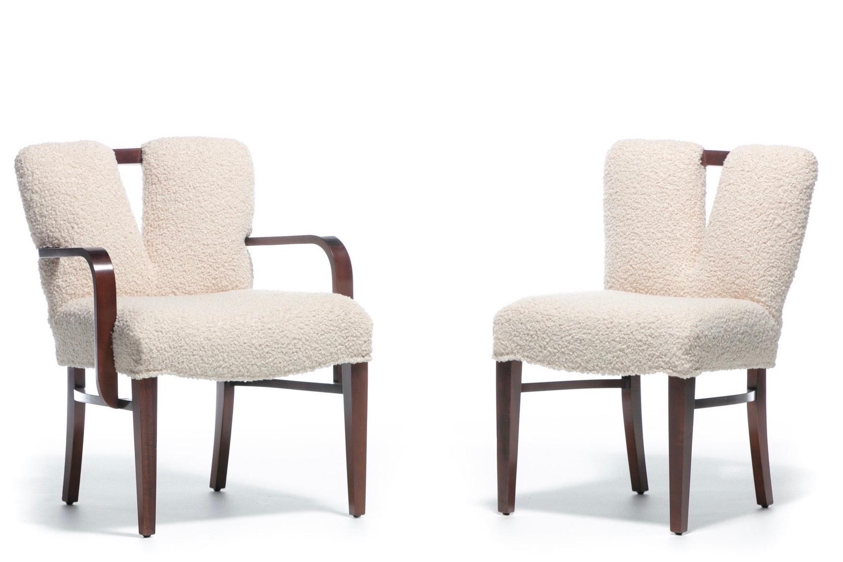 Mid-Century Modern Set of 18 Paul Frankl Corset Back Dining Chairs in Ivory White Bouclé, c. 1950s