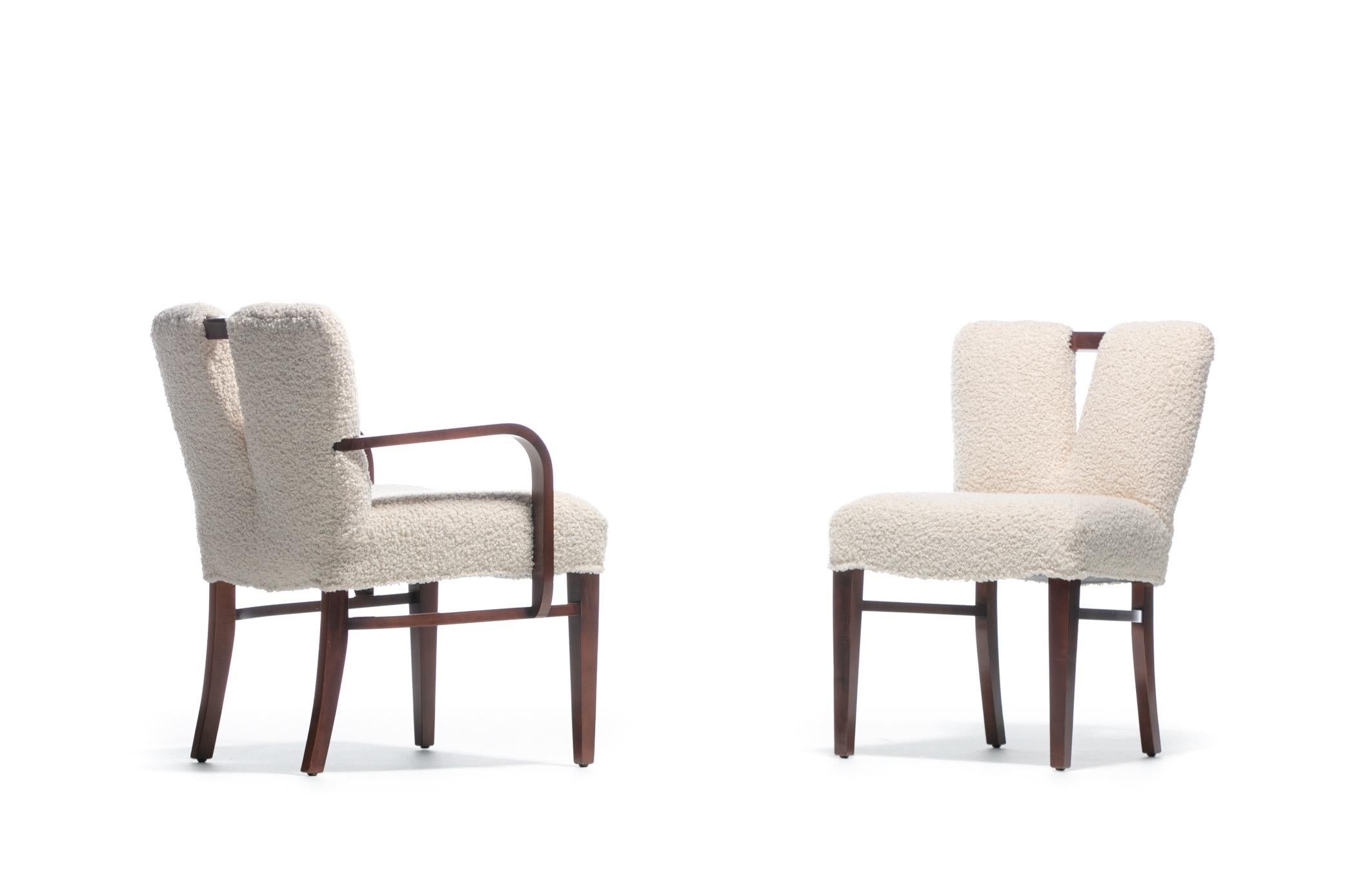American Set of 18 Paul Frankl Corset Back Dining Chairs in Ivory White Bouclé, c. 1950s