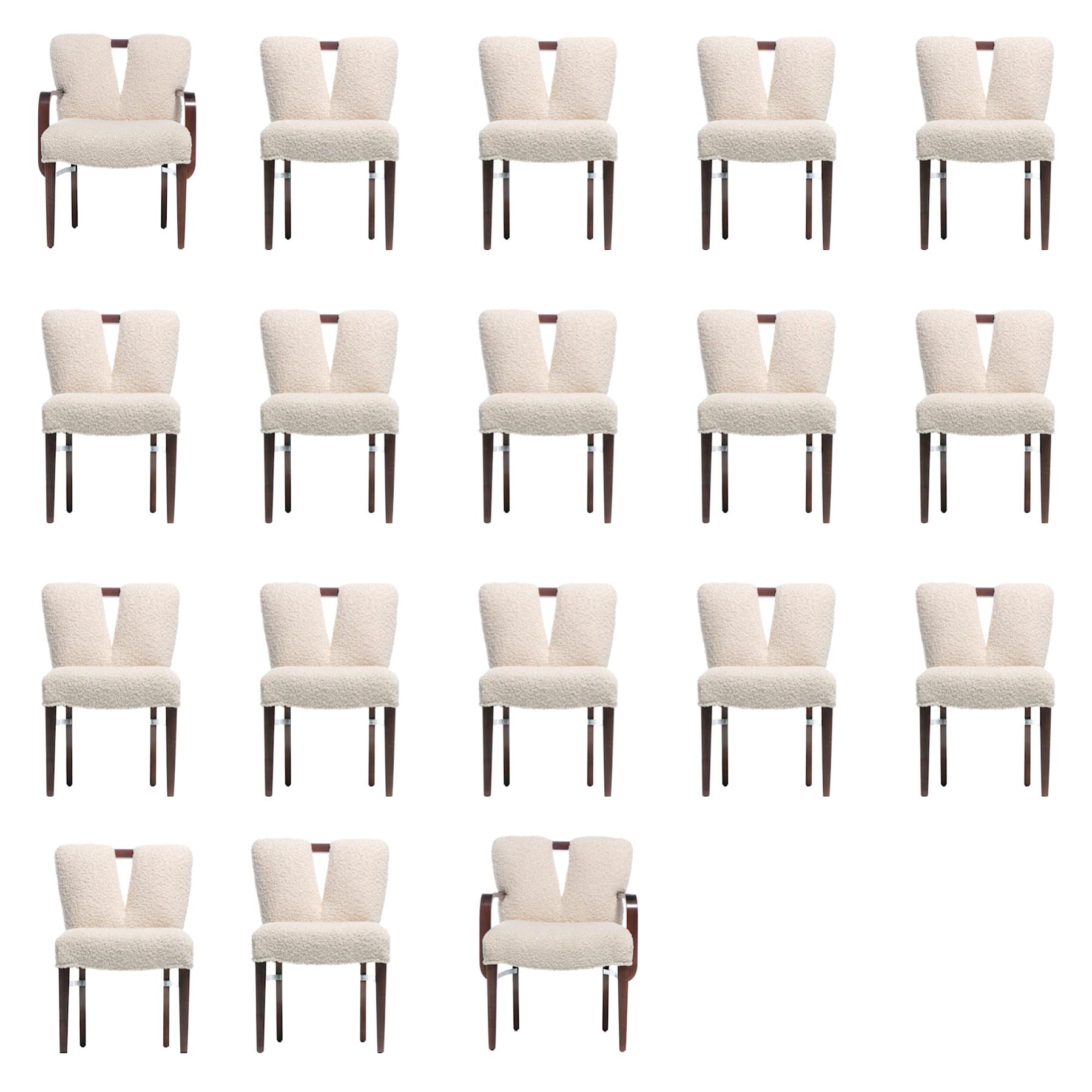 Set of 18 Paul Frankl Corset Back Dining Chairs in Ivory White Bouclé, c. 1950s