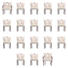 Set of 18 Paul Frankl Corset Back Dining Chairs in Ivory White Bouclé, c. 1950s