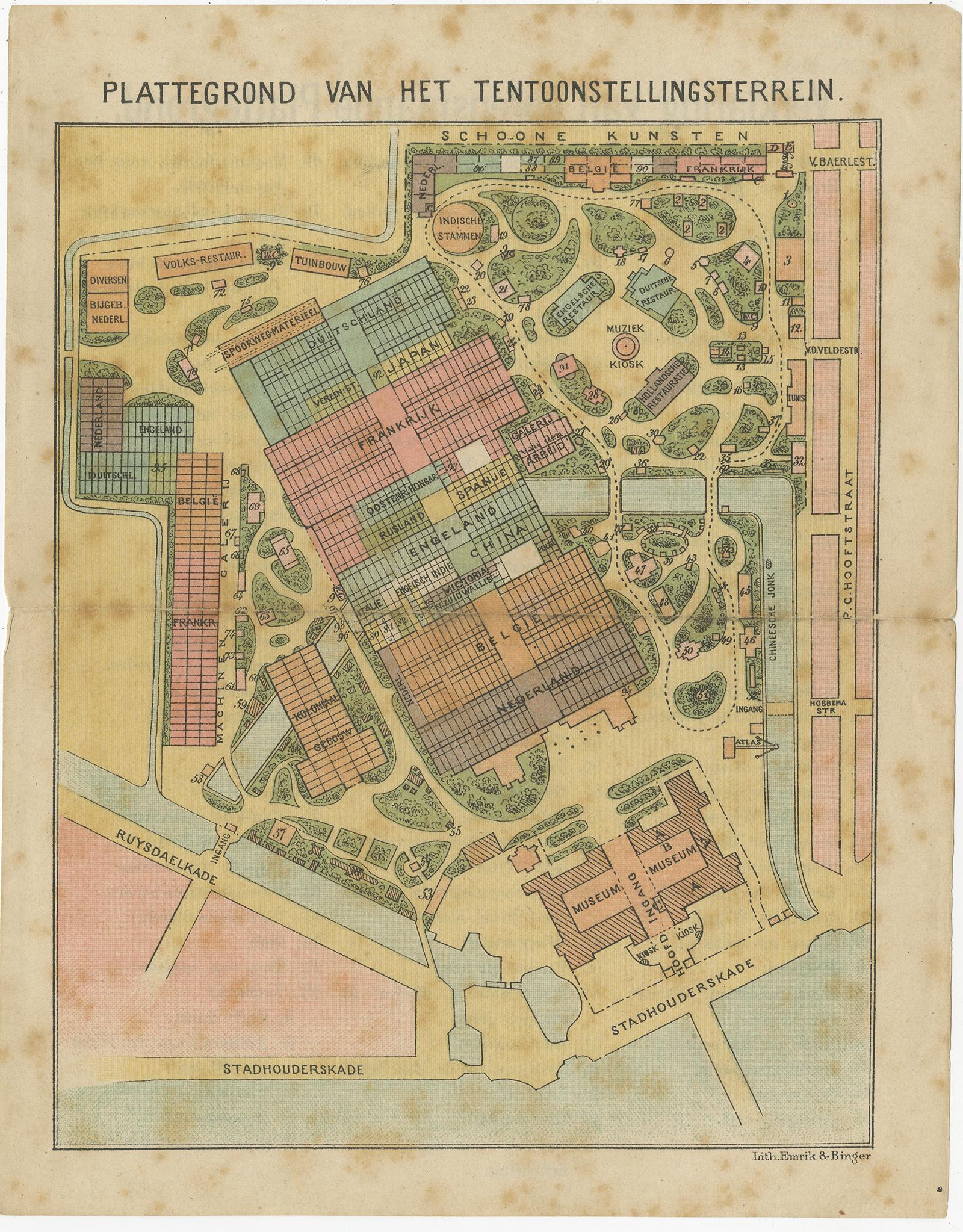 Rare set of 18 prints depicting various (small) views of Amsterdam and Dutch Colonies. It was given to subscribers of 'Nieuws van den Dag' and includes the following prints:

1) Plattegrond van het Tentoonstellingsterrein (double page)
2)