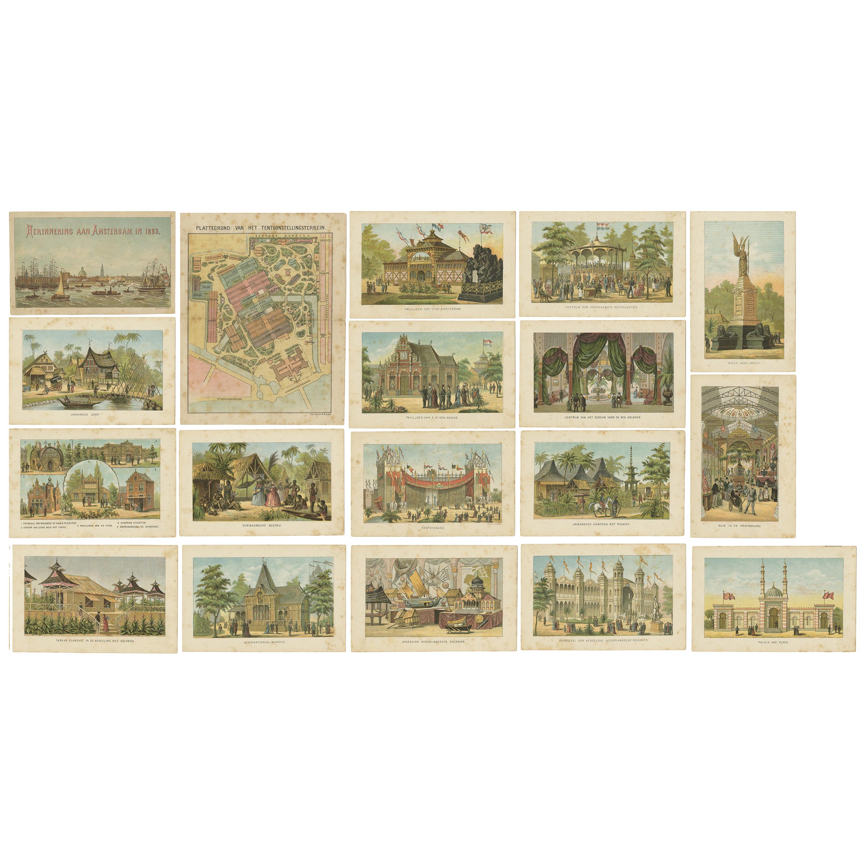 Set von 18 Drucken mit Ansichten von Amsterdam und den niederländischen Kolonien, 1883