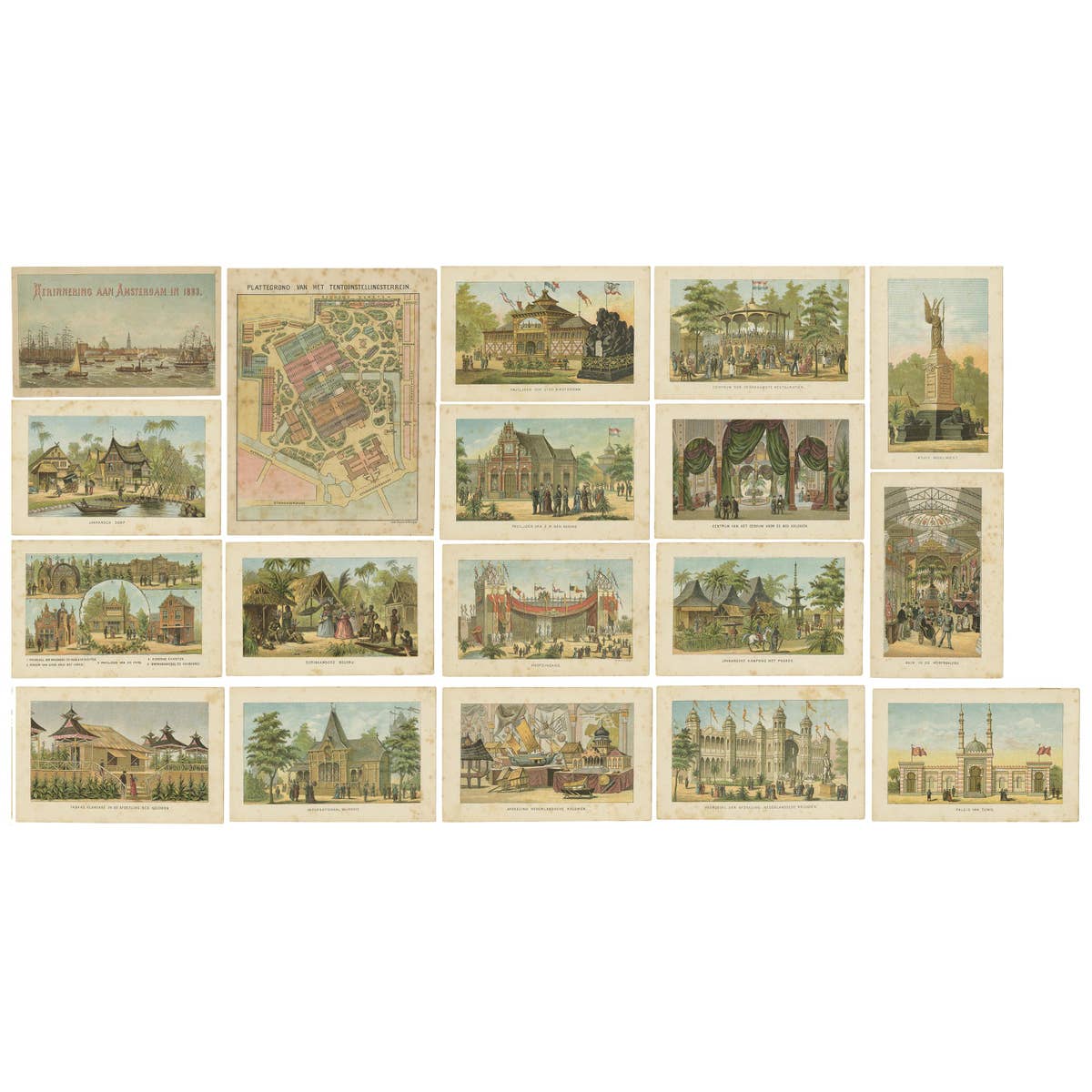 Set of 18 Prints with Views of Amsterdam and Dutch Colonies, 1883