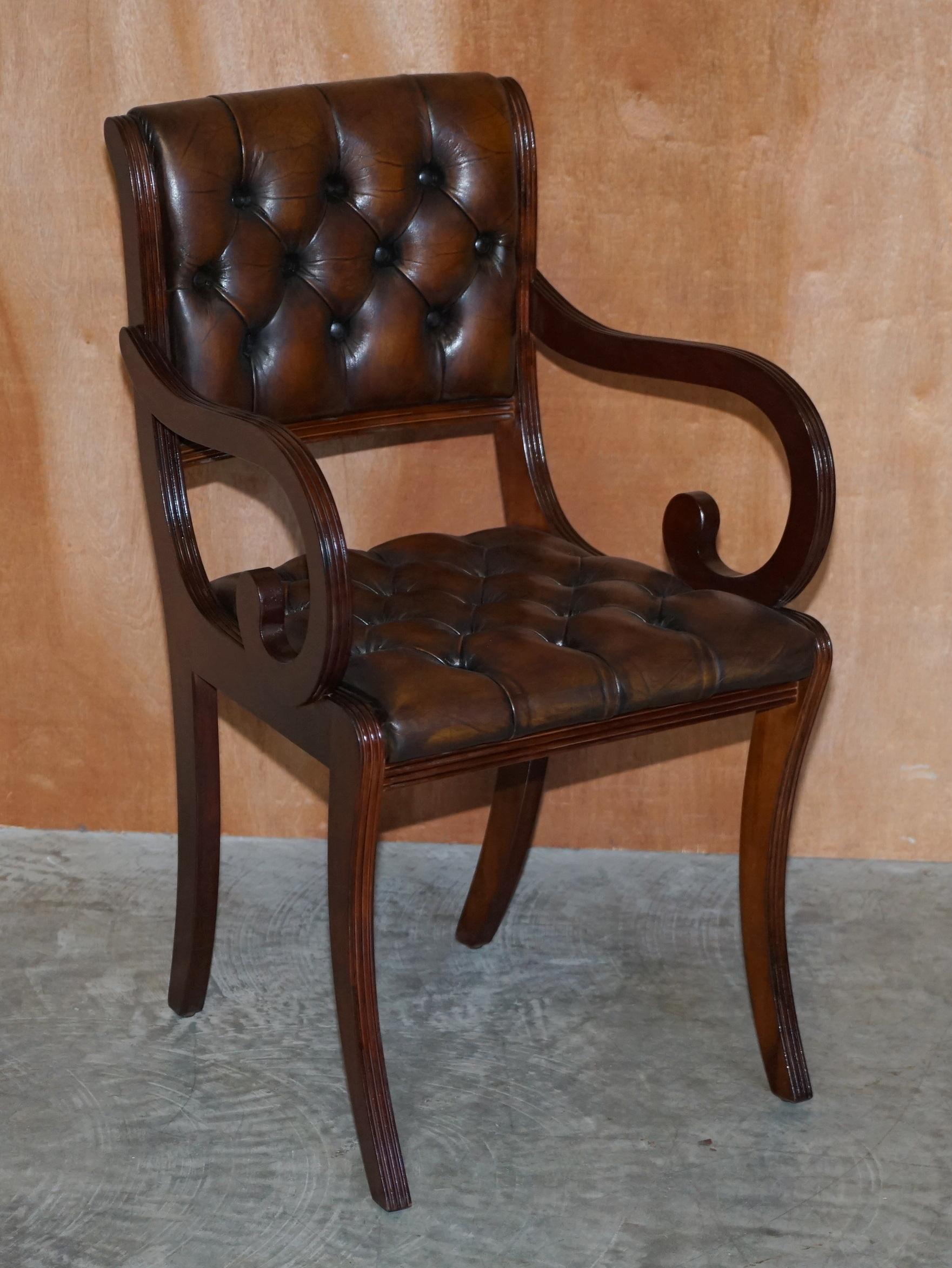 English Set of 18 Restored Vintage Chesterfield Hardwood Brown Leather Dining Chairs