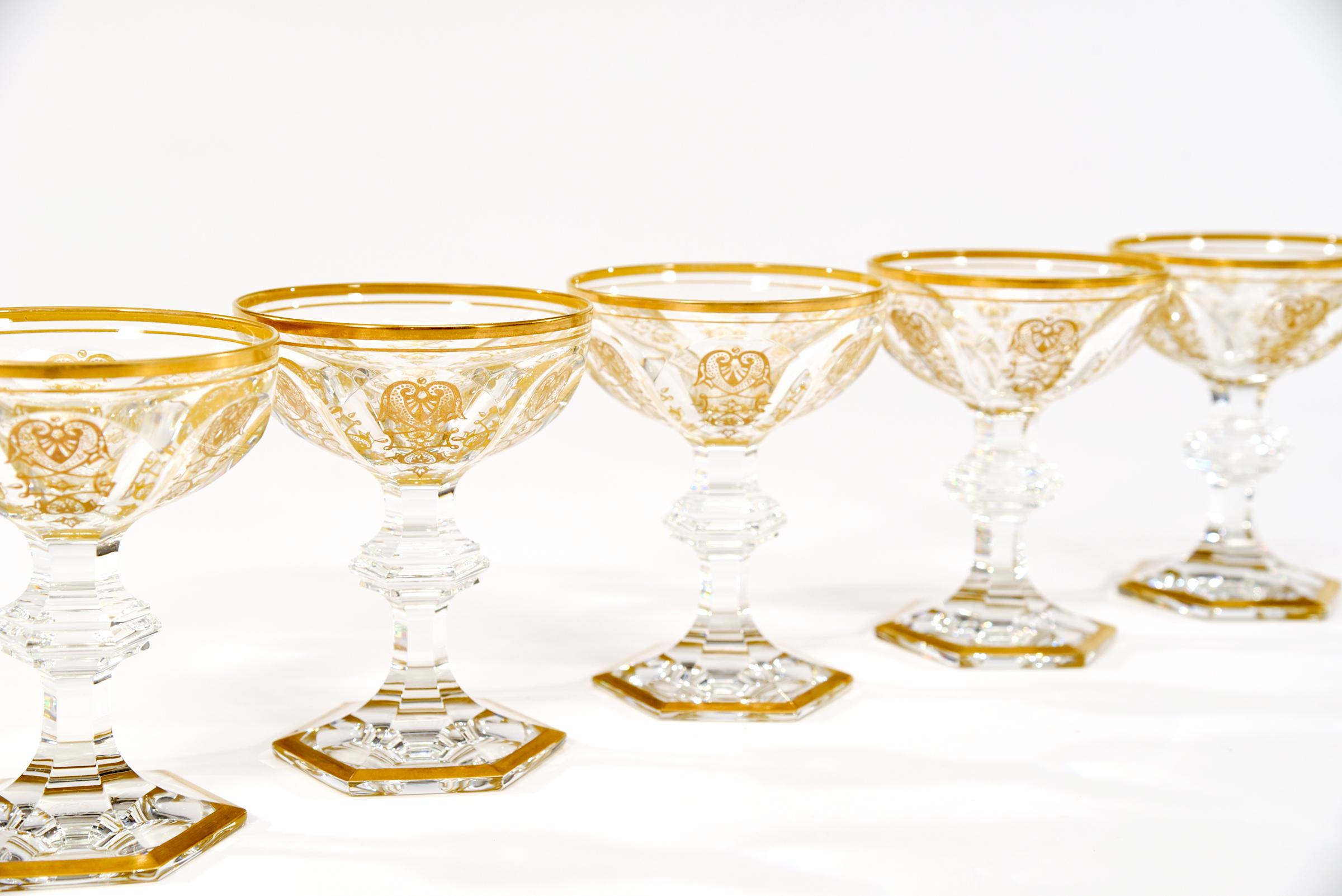 Gilt Set of 18 Signed Baccarat Empire Hand Blown Crystal Champagne/Martini Coupes