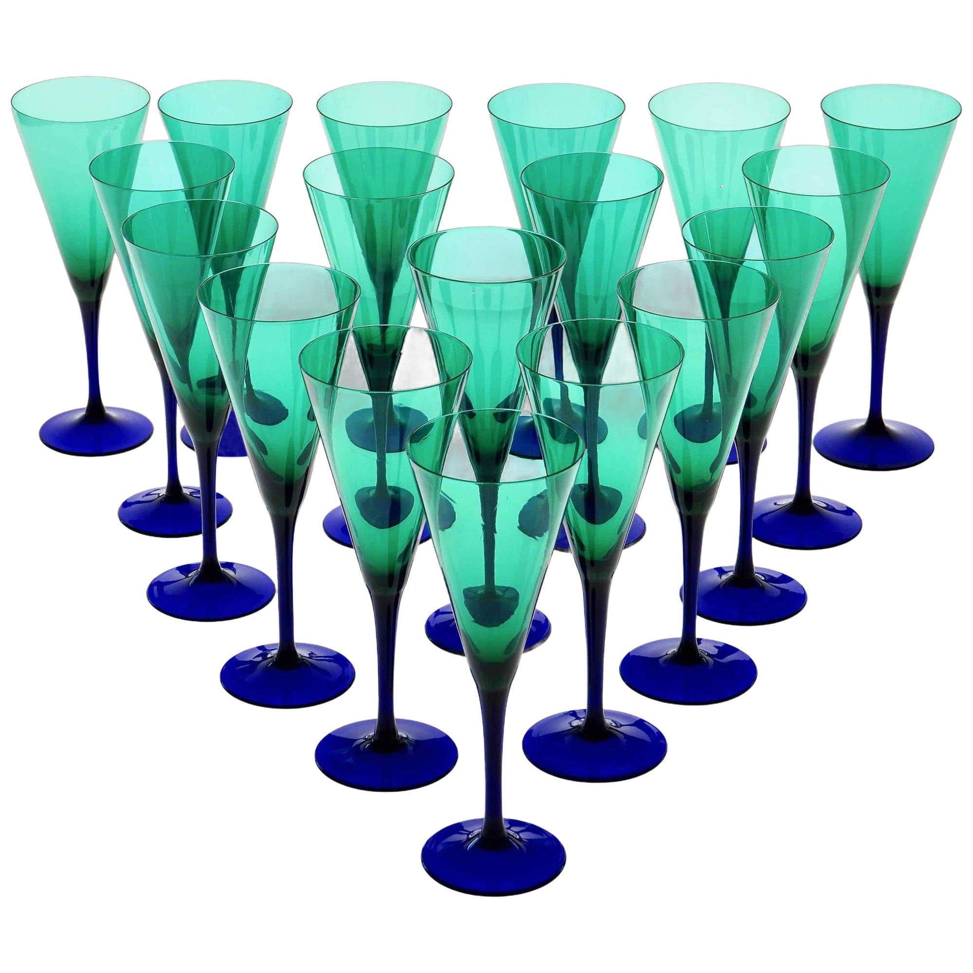 Set of 18 Signed Murano Cenedese Flutes. Green and Cobalt glass sfumato. For Sale
