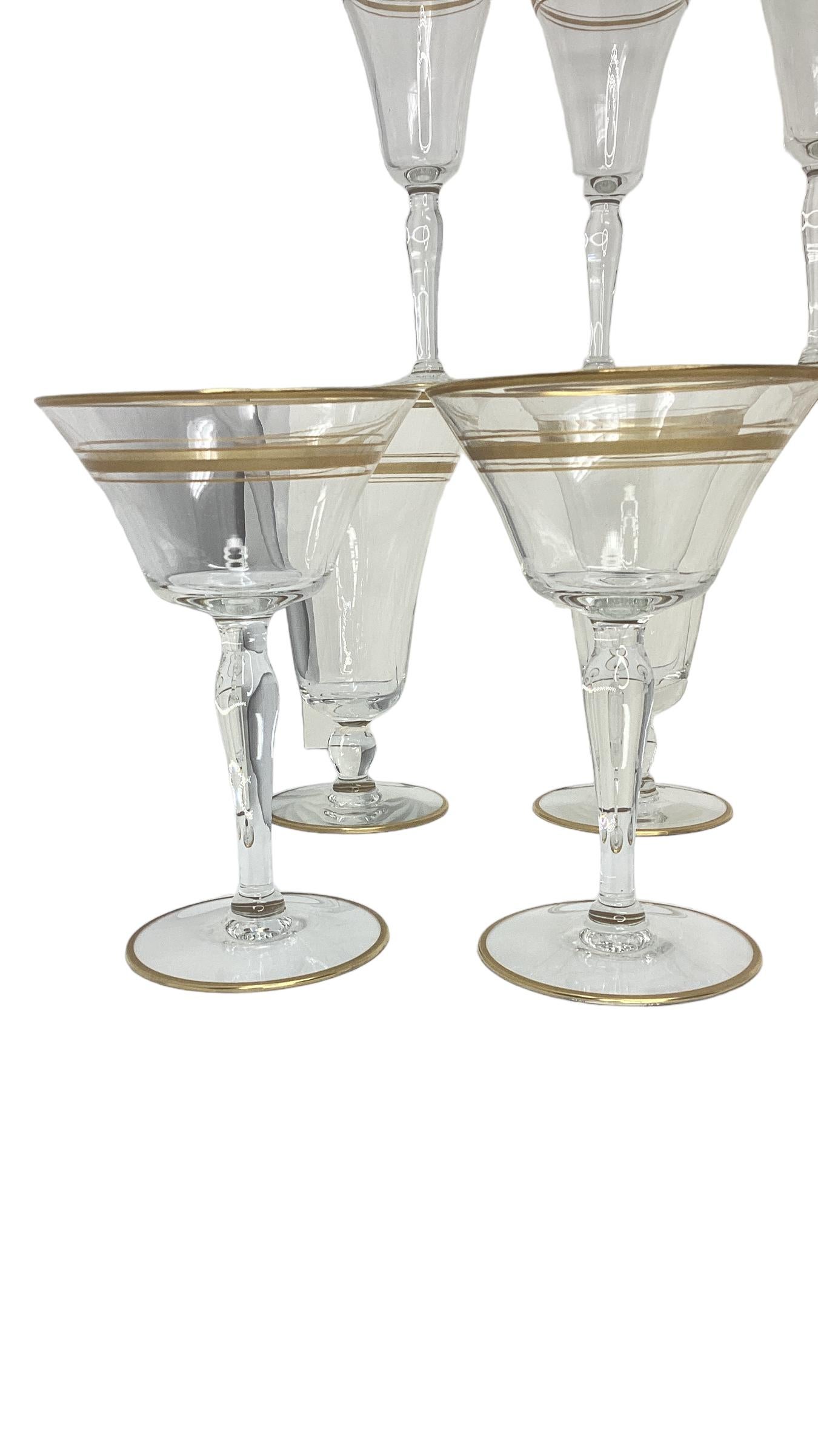 Mid-Century Modern Set of 18 Vintage Gold Rimmed Glass Stemware For Sale