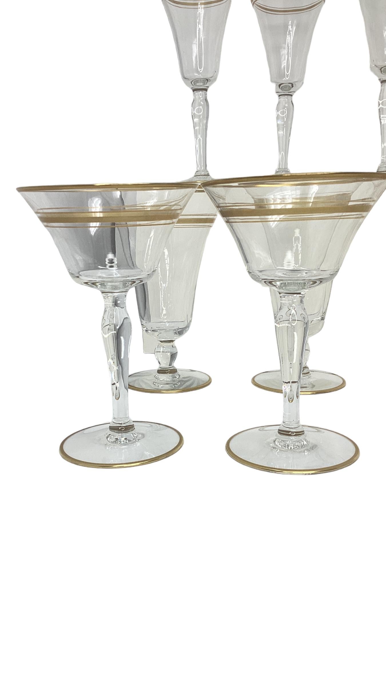 Mid-Century Modern Set of 18 Vintage Gold Rimmed Glass Stemware  For Sale