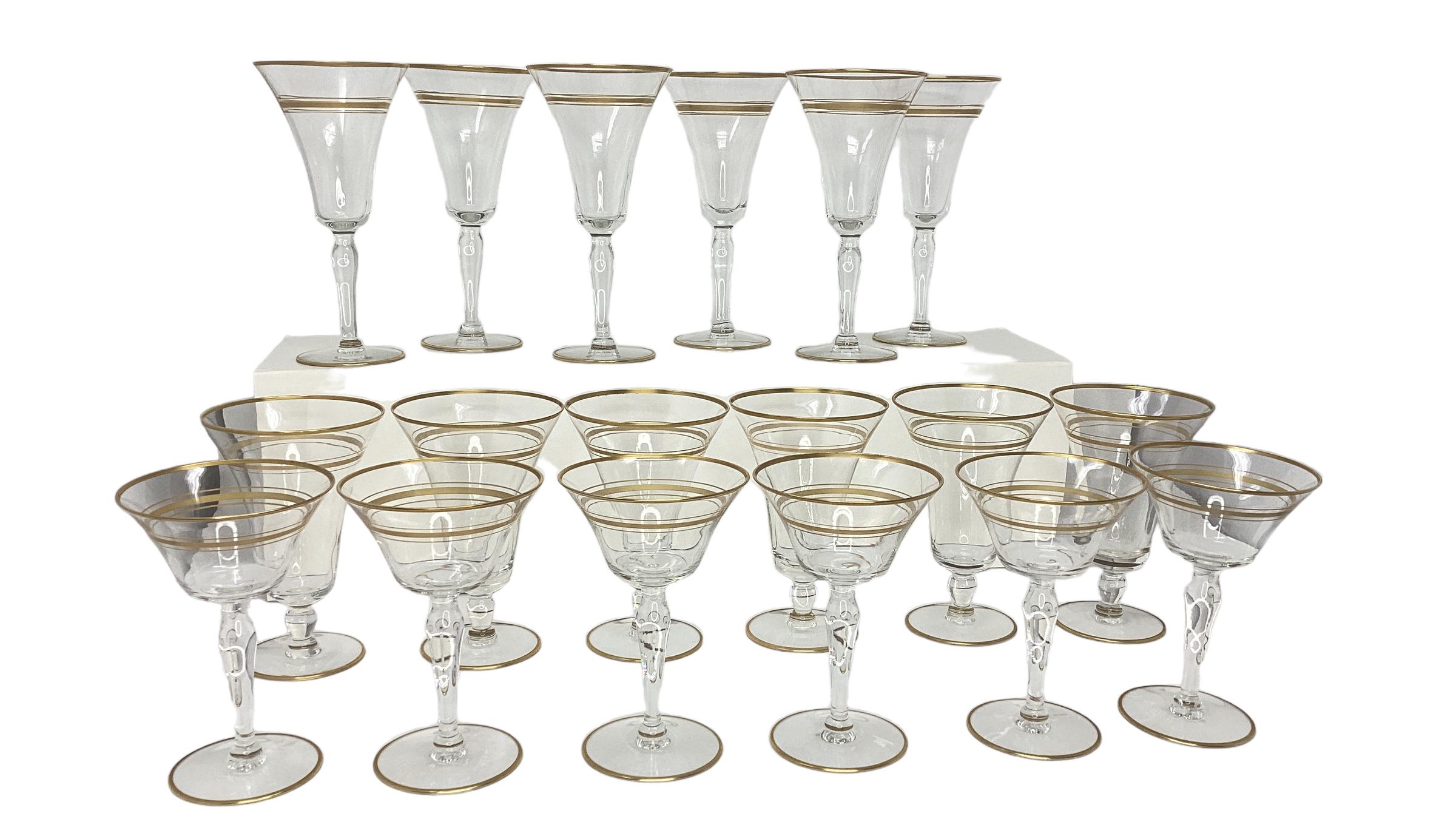 Set of 18 Vintage Gold Rimmed Glass Stemware  In Good Condition For Sale In Chapel Hill, NC