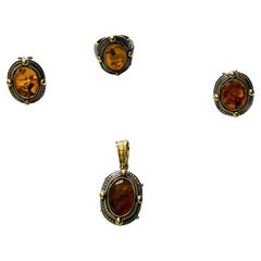 Set Of 18K Gold, 925 Silver And Amber Pair Of Earrings, Pendant And Ring