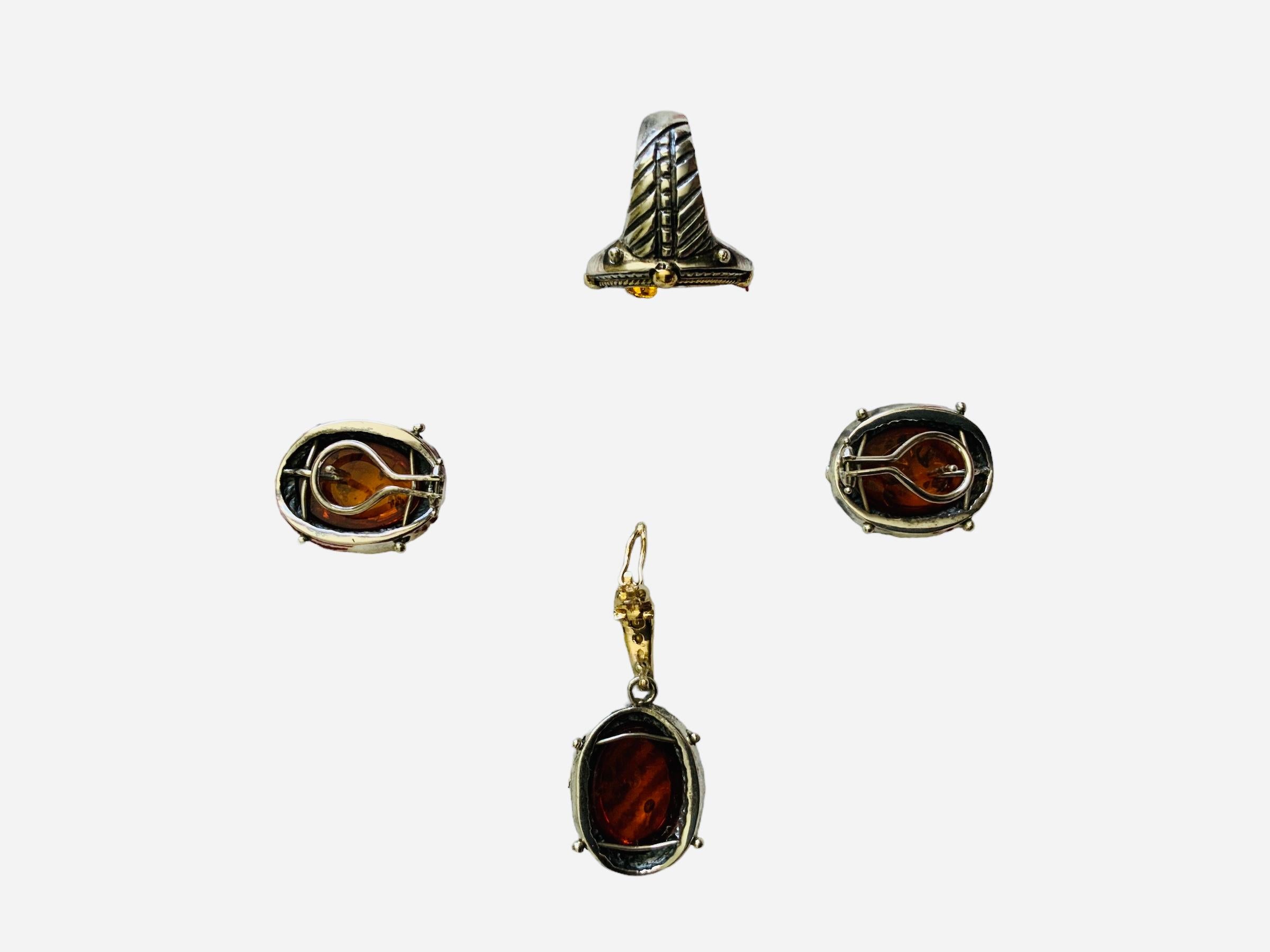 Set Of 18K Gold, 925 Silver And Amber Pair Of Earrings, Pendant And Ring For Sale 2