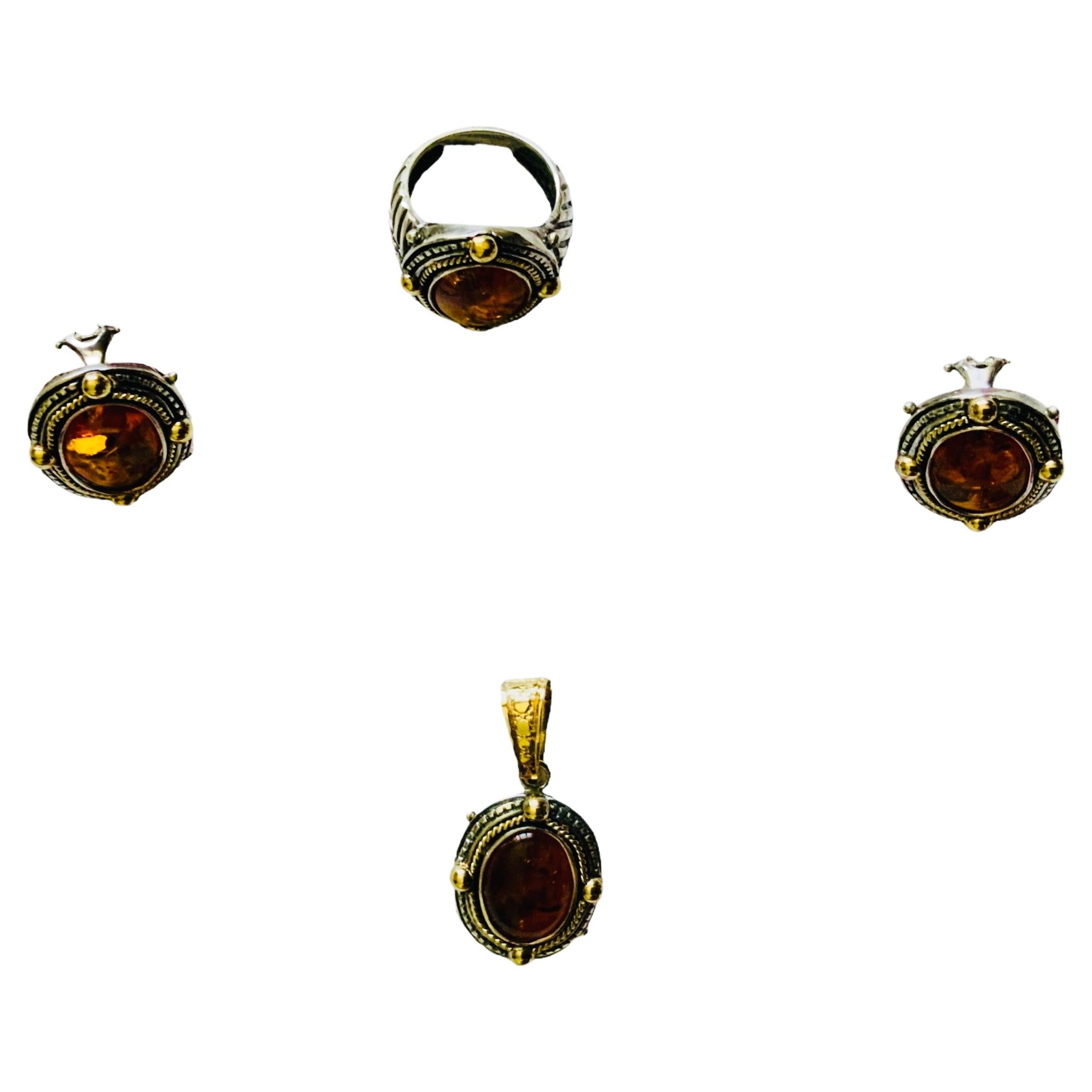 Set Of 18K Gold, 925 Silver And Amber Pair Of Earrings, Pendant And Ring For Sale