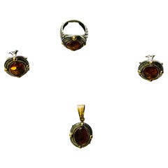 Vintage Set Of 18K Gold, 925 Silver And Amber Pair Of Earrings, Pendant And Ring