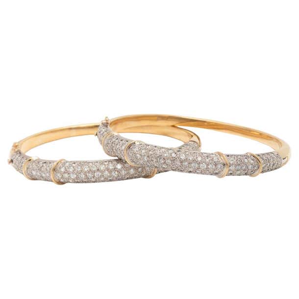 Two Bangles Set of 18K Two-Tone White and Yellow Gold Diamond Bangle Bracelets For ...