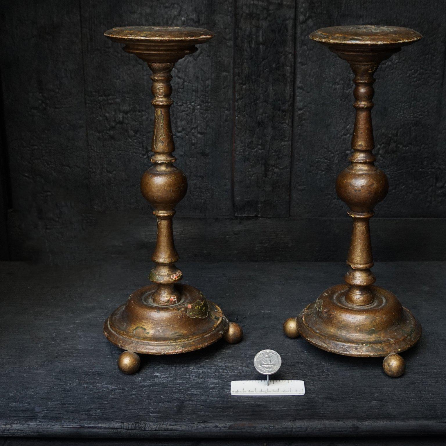 Belgian Two Large 18th C. French Polychromed Bois Doré or Gold Painted Wood Candlesticks For Sale