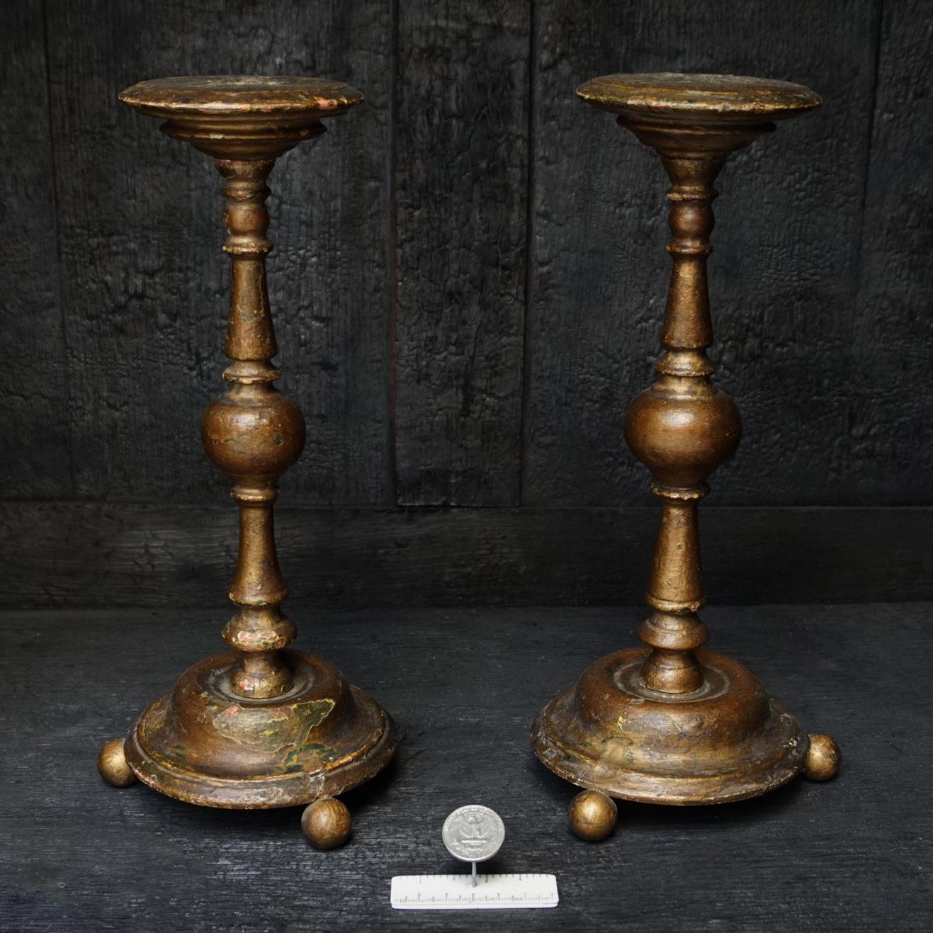 Two Large 18th C. French Polychromed Bois Doré or Gold Painted Wood Candlesticks For Sale 4