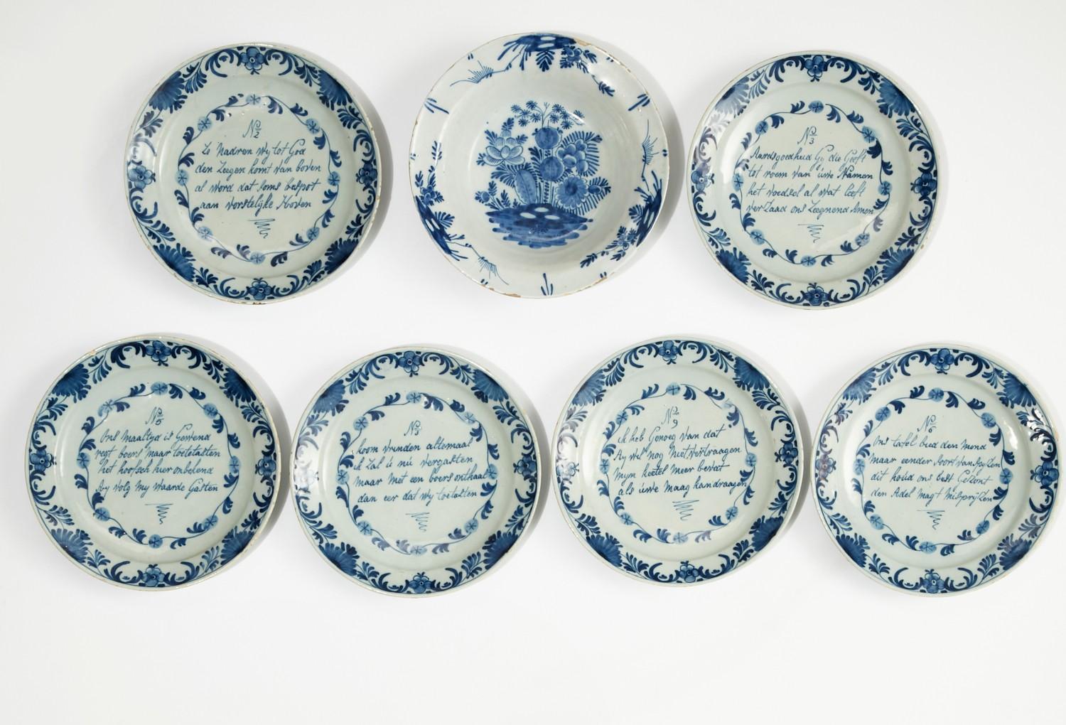 Set of 18th century Delft plate. Six from a series. One bowl of different form.


