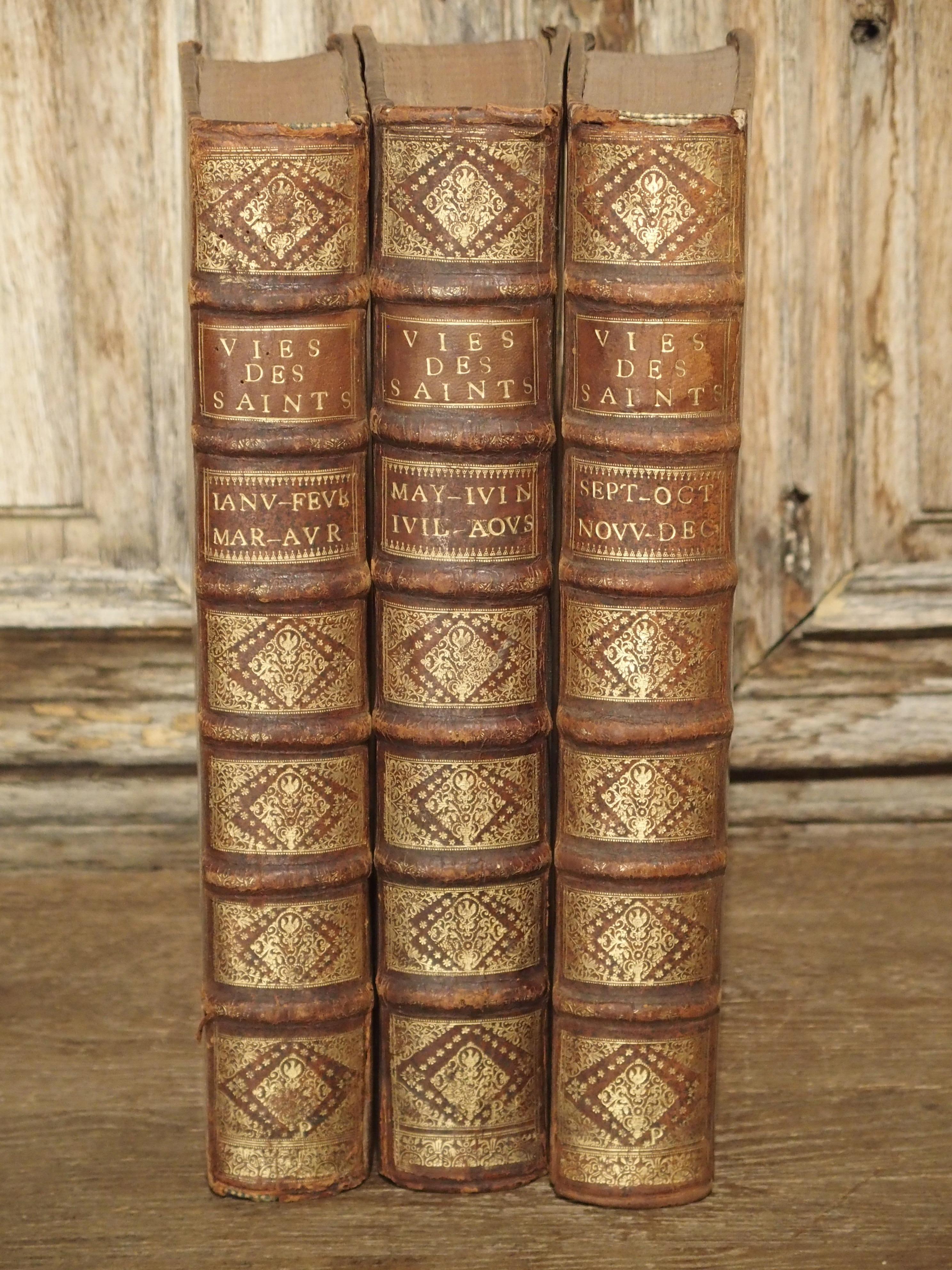 Set of 18th Century French Leather Bound Books, Les Vies Des Saints, 1715 16