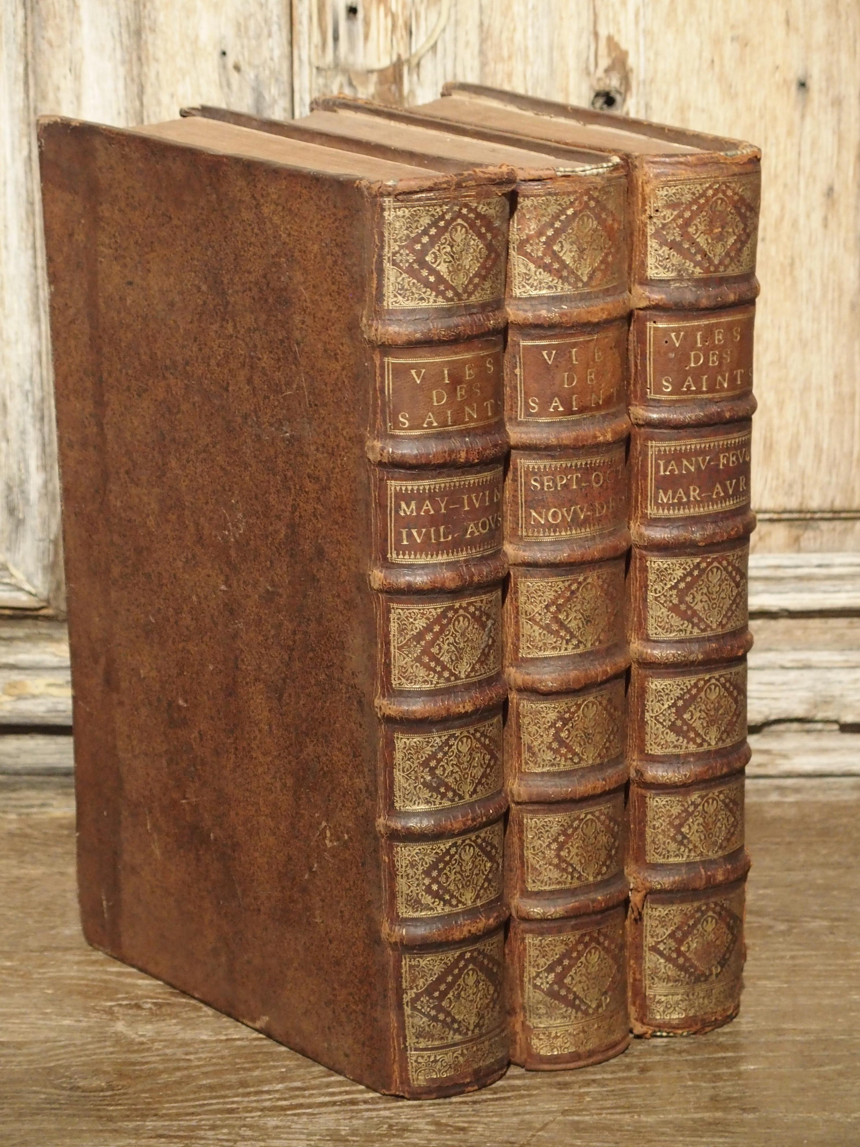 Set of 18th Century French Leather Bound Books, Les Vies Des Saints, 1715 17