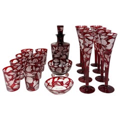 Set of 19 Antique Ruby Glass Cut to Clear Flutes, Glasses and Carafe, Circa 1900