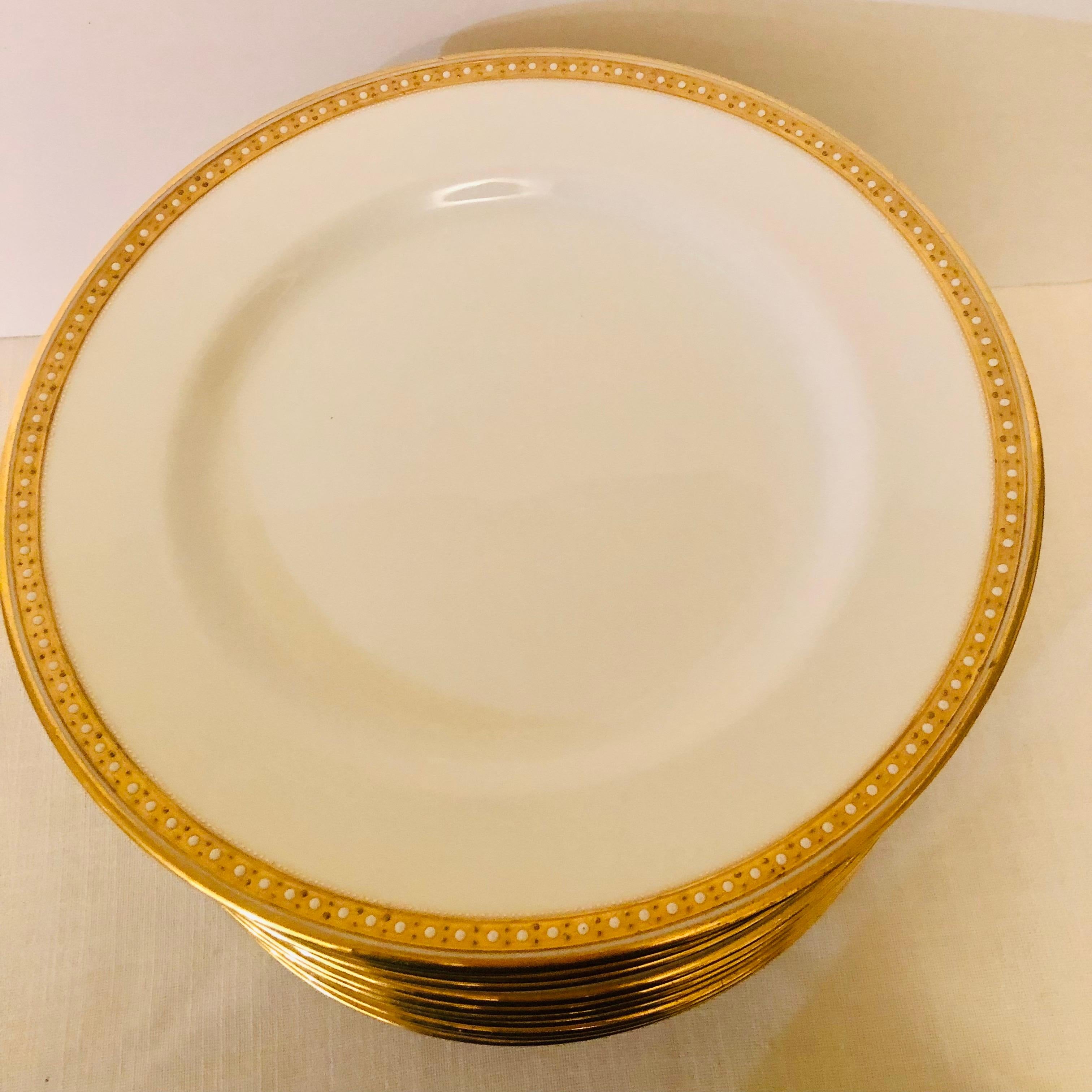 English Set of 19 Copeland Spode Dinner Plates With Gold Borders and White Jeweling 