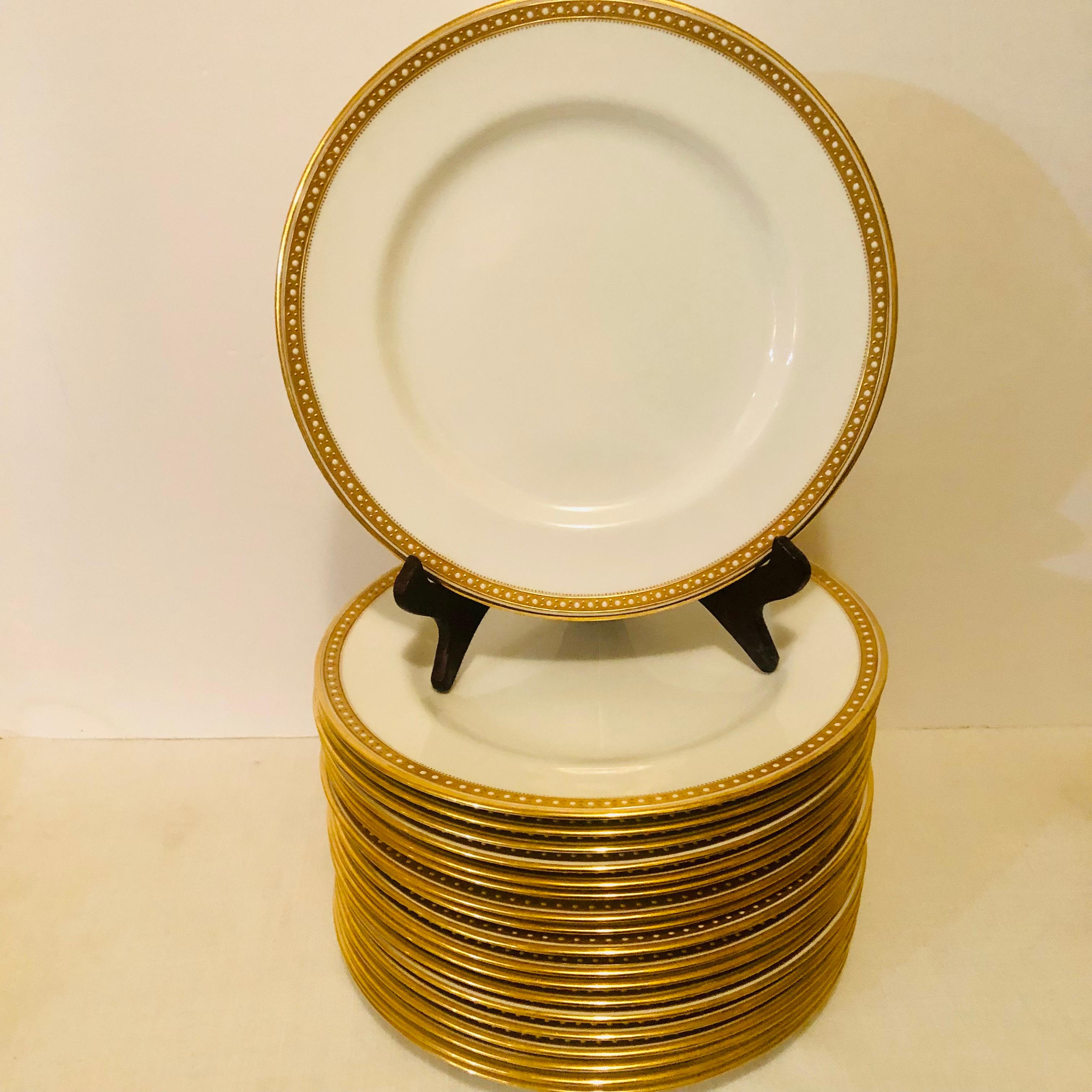 Gilt Set of 19 Copeland Spode Dinner Plates With Gold Borders and White Jeweling 