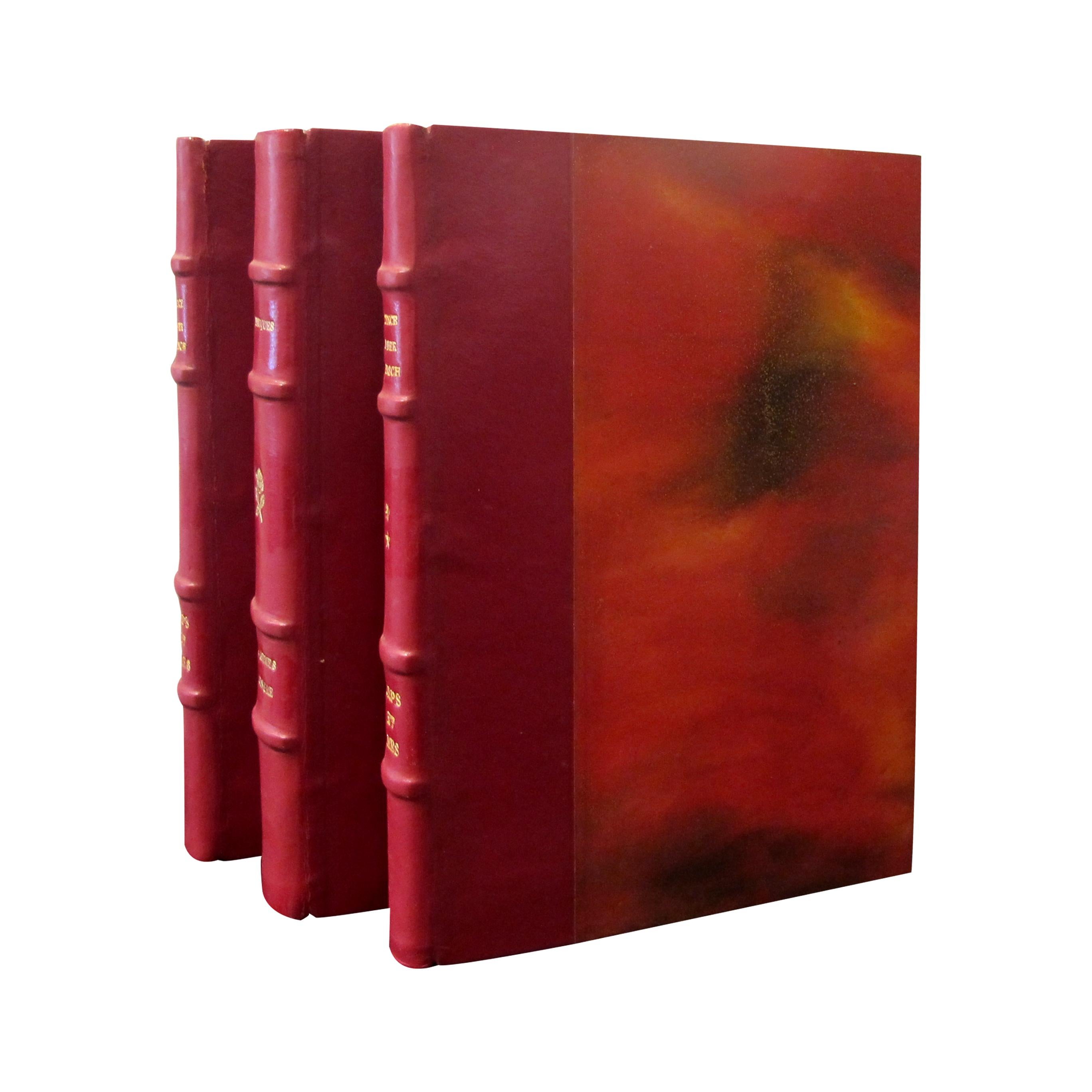 Mid-Century Modern Set of 19 Early 20th Century French Novel Books Bound in Red Leather 1920s-1960s