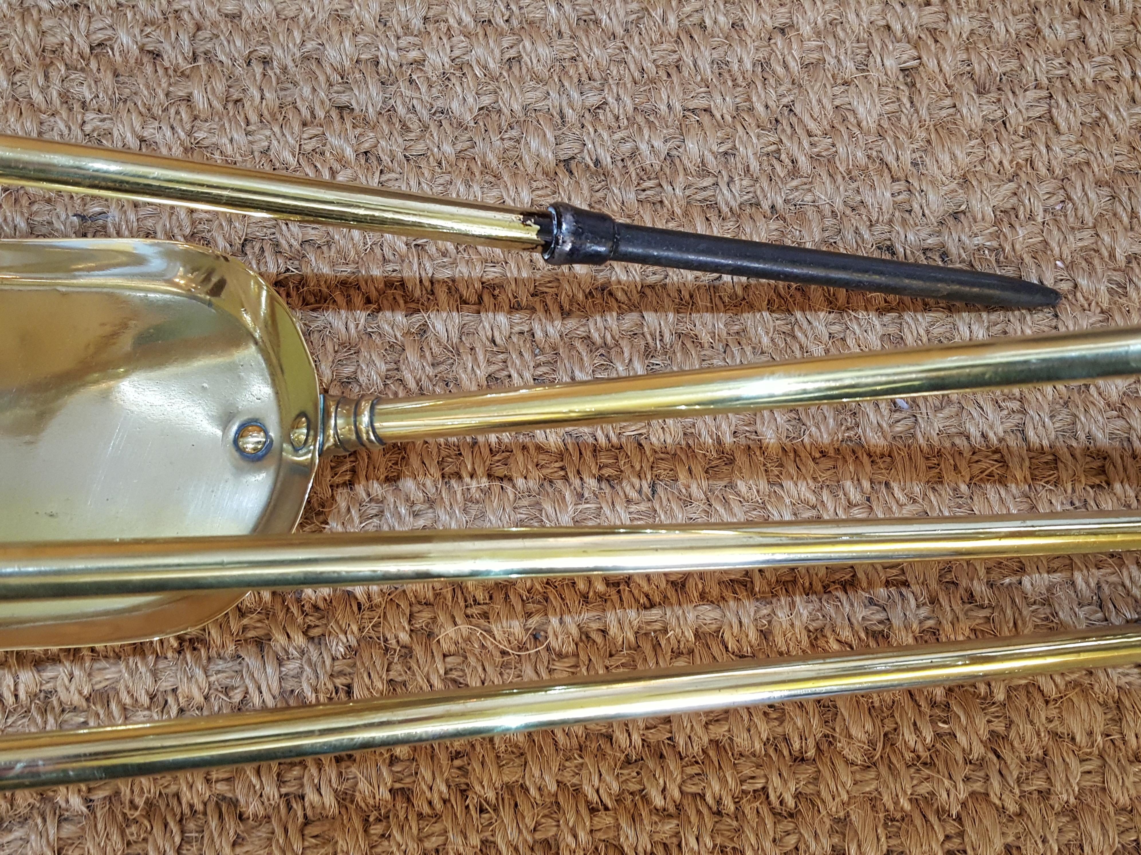 Early 20th Century Set of 1920s Brass Fire Irons with Dogs