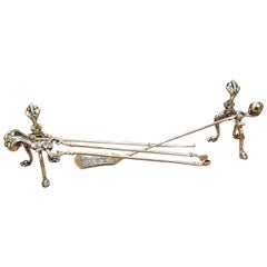 Antique Set of 1920s Brass Fire Irons with Dogs