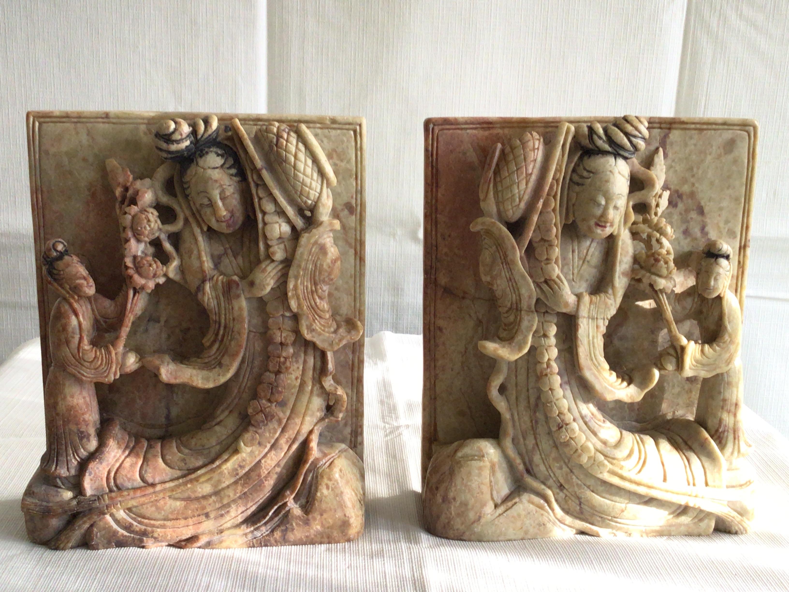 Set of 1920s carved soapstone bookends.