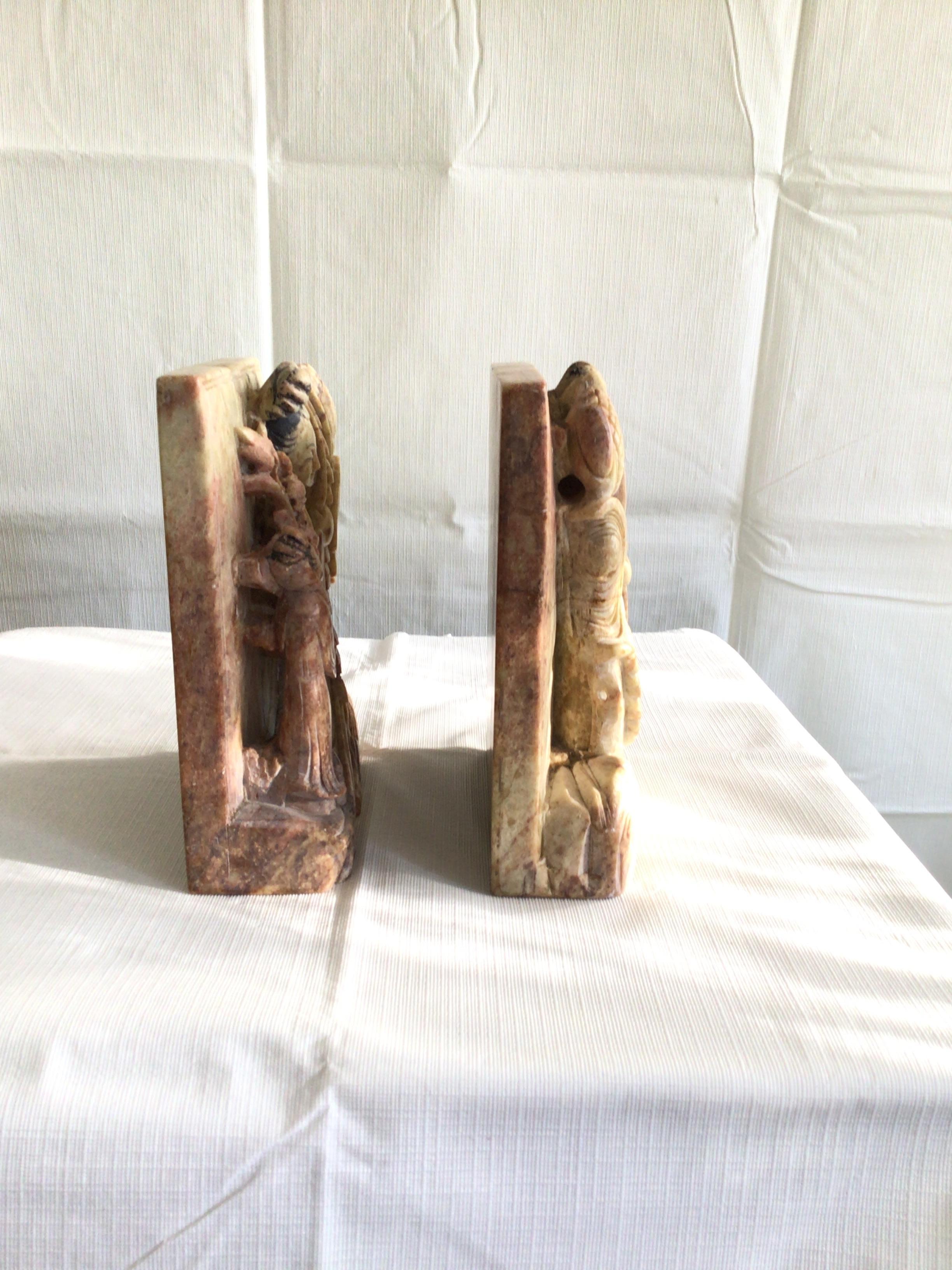 Early 20th Century Set of 1920s Carved Soapstone Bookends For Sale