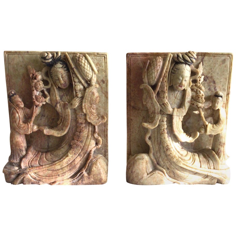 Set of 1920s Carved Soapstone Bookends For Sale at 1stDibs