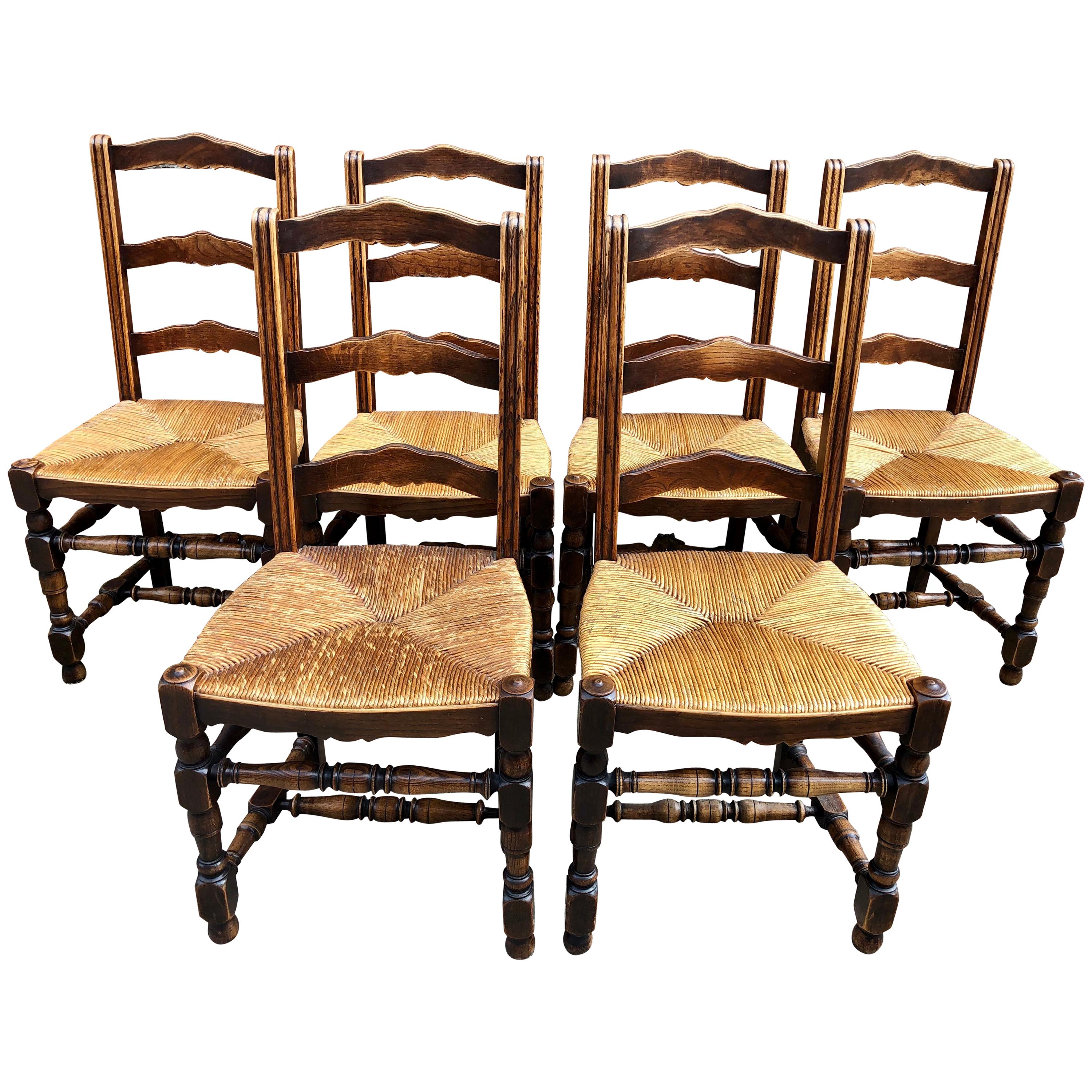 Set of 1920s French Elm Ladderback Rush Seat Dining Chairs