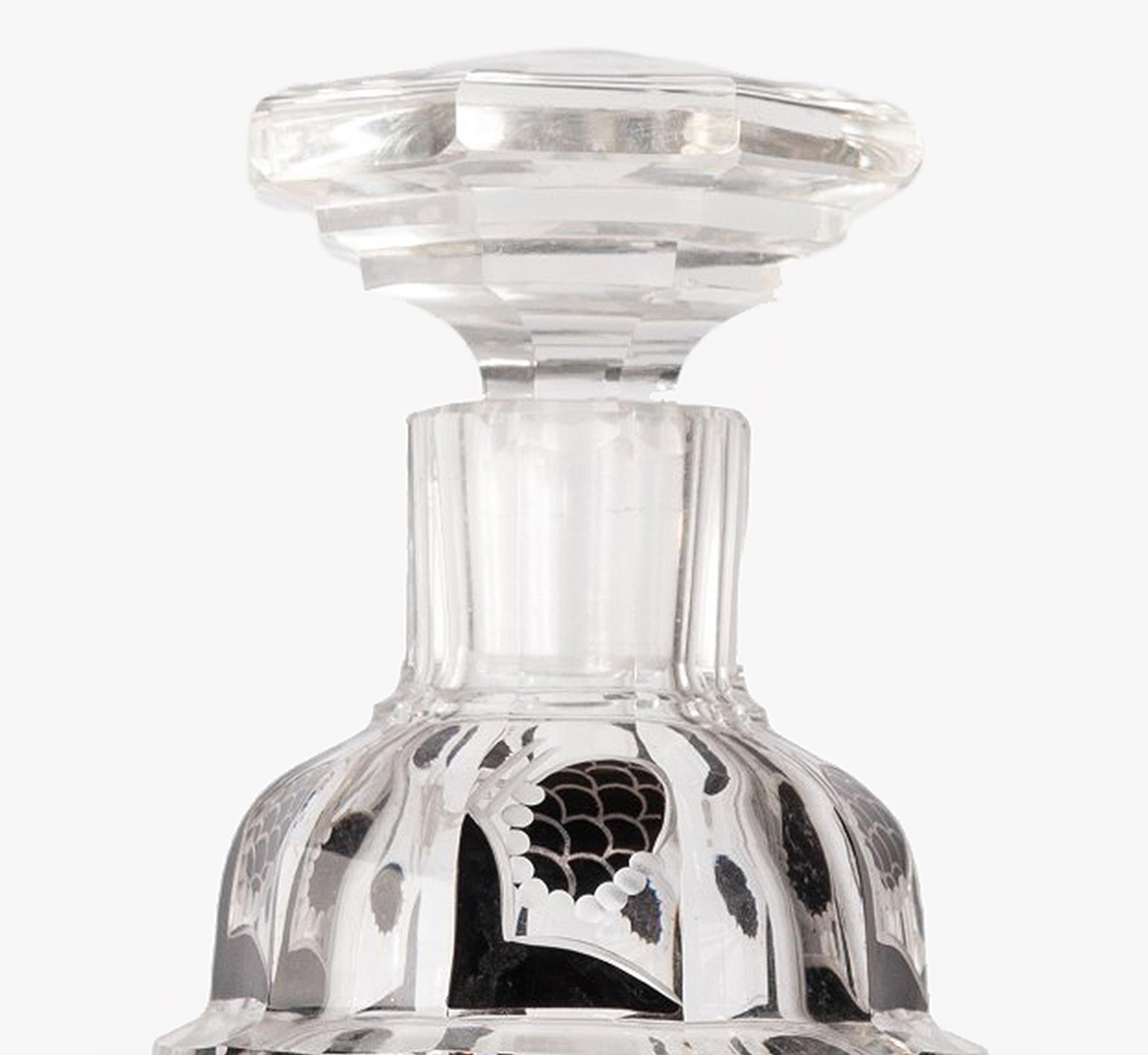 Etched Set of 1930s Art Déco Czech/Bohemian Crystal Decanter and Glasses by Karl Palda For Sale