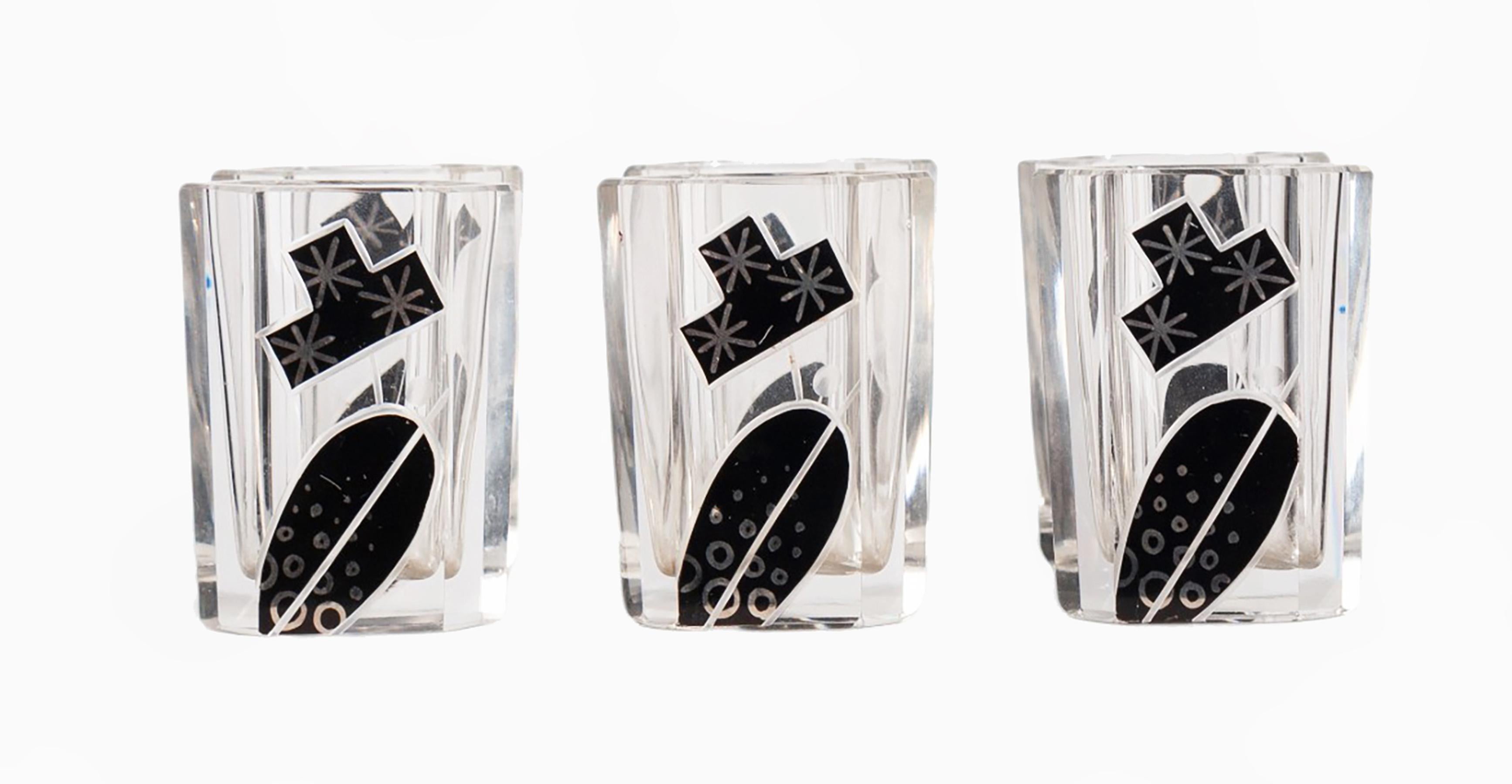 Enamel Set of 1930s Art Déco Czech/Bohemian Crystal Decanter and Glasses by Karl Palda For Sale