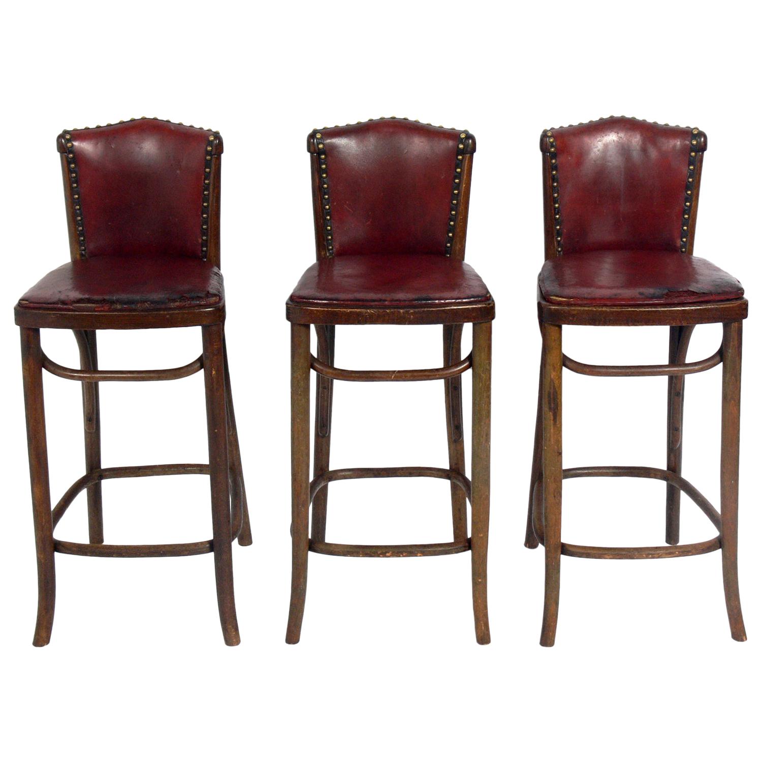 Set of 1930s Bentwood Bar Stools with Original Cognac Leather