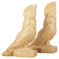 Set of 1930s French Art Déco Cracked Glaze Ceramic Cockatoos by Louis Fontinelle