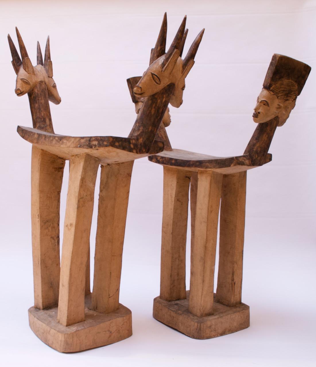 Tribal Set of 1940s Hard Wood African Lobi Stools with Carved and Pyrogravure Details For Sale